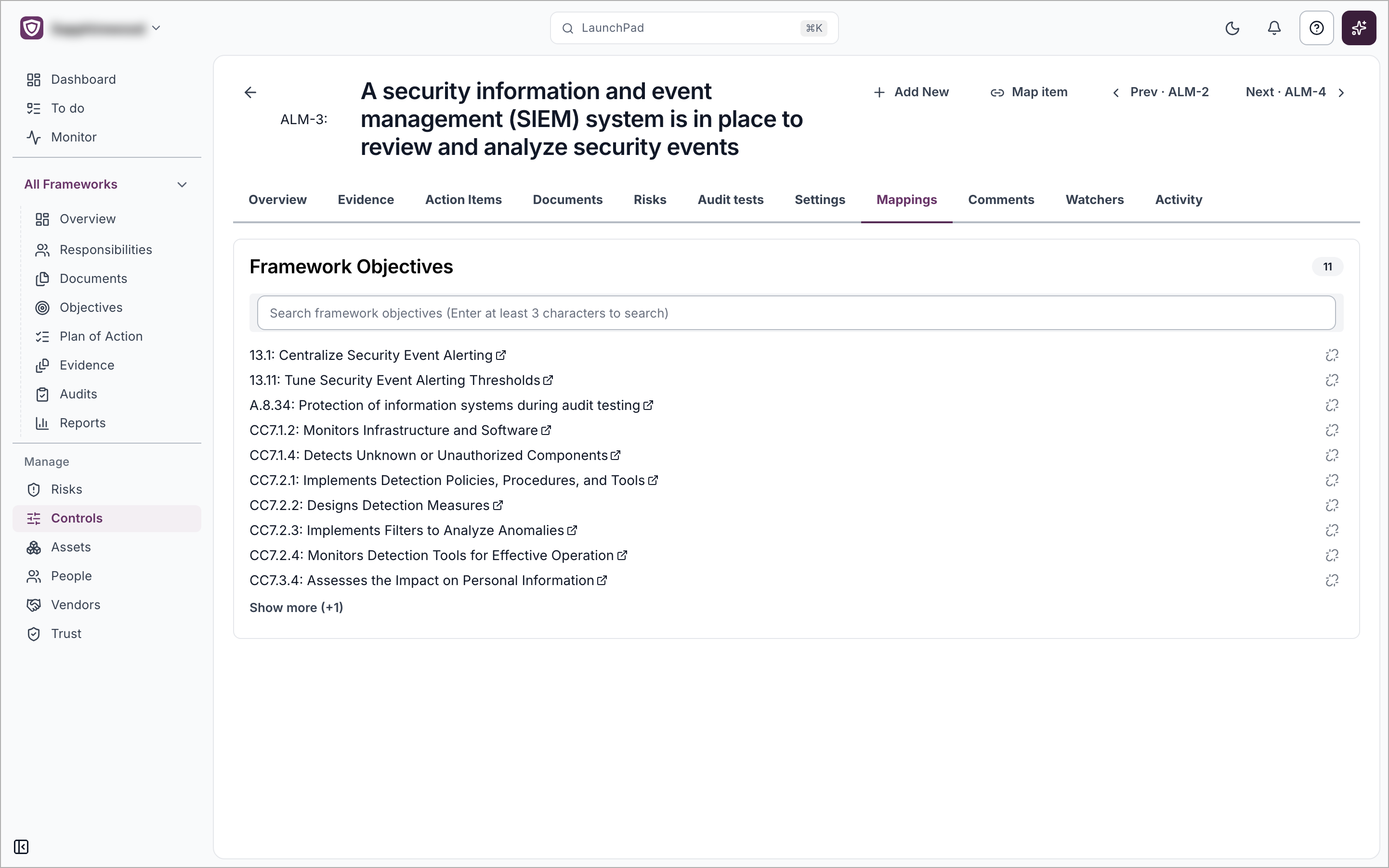 The Mappings tab of a control, listing the framework objectives it is mapped to with a search box above