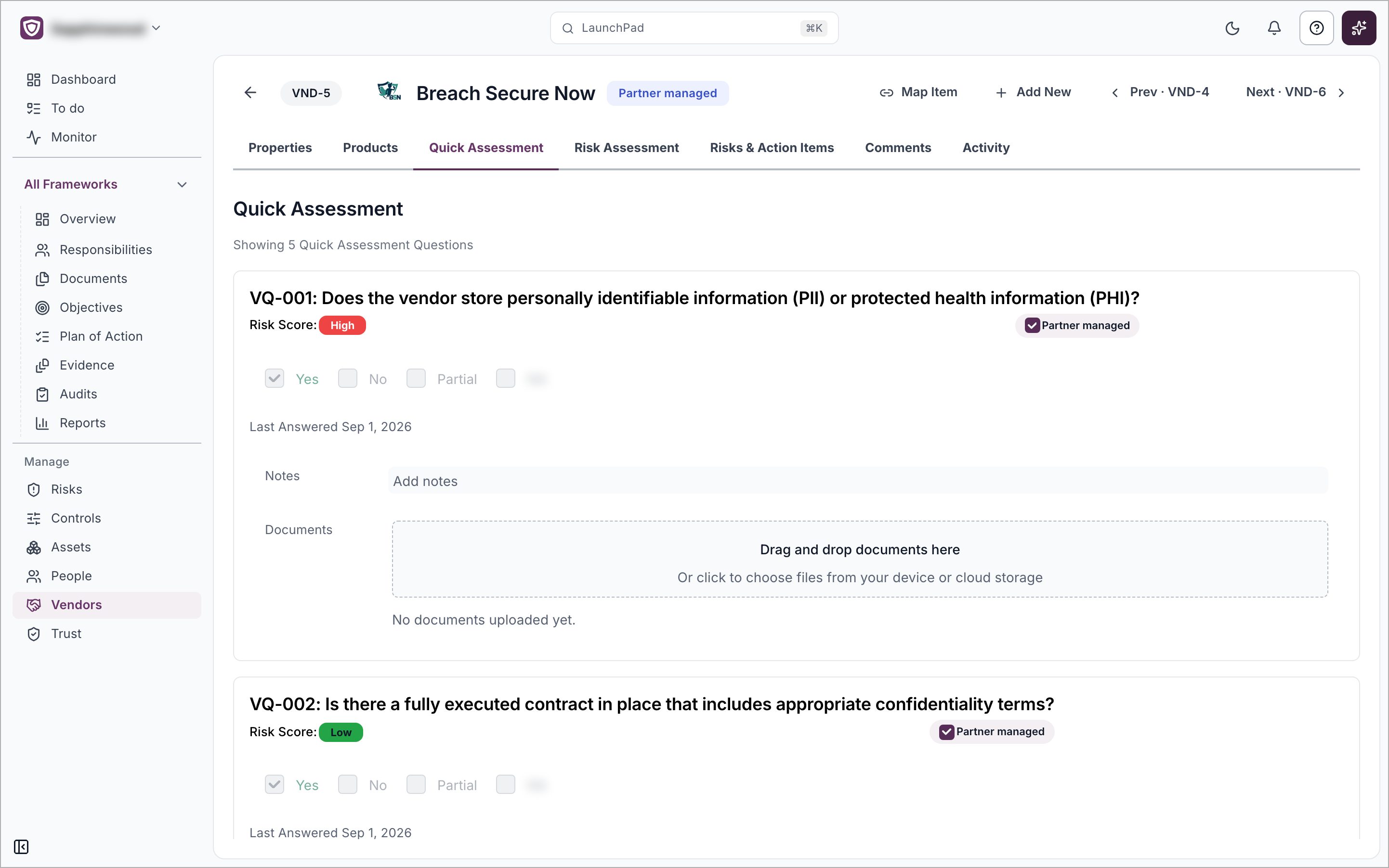 The Quick Assessment tab showing questions with a Risk Score, answer options, Notes and a Documents area