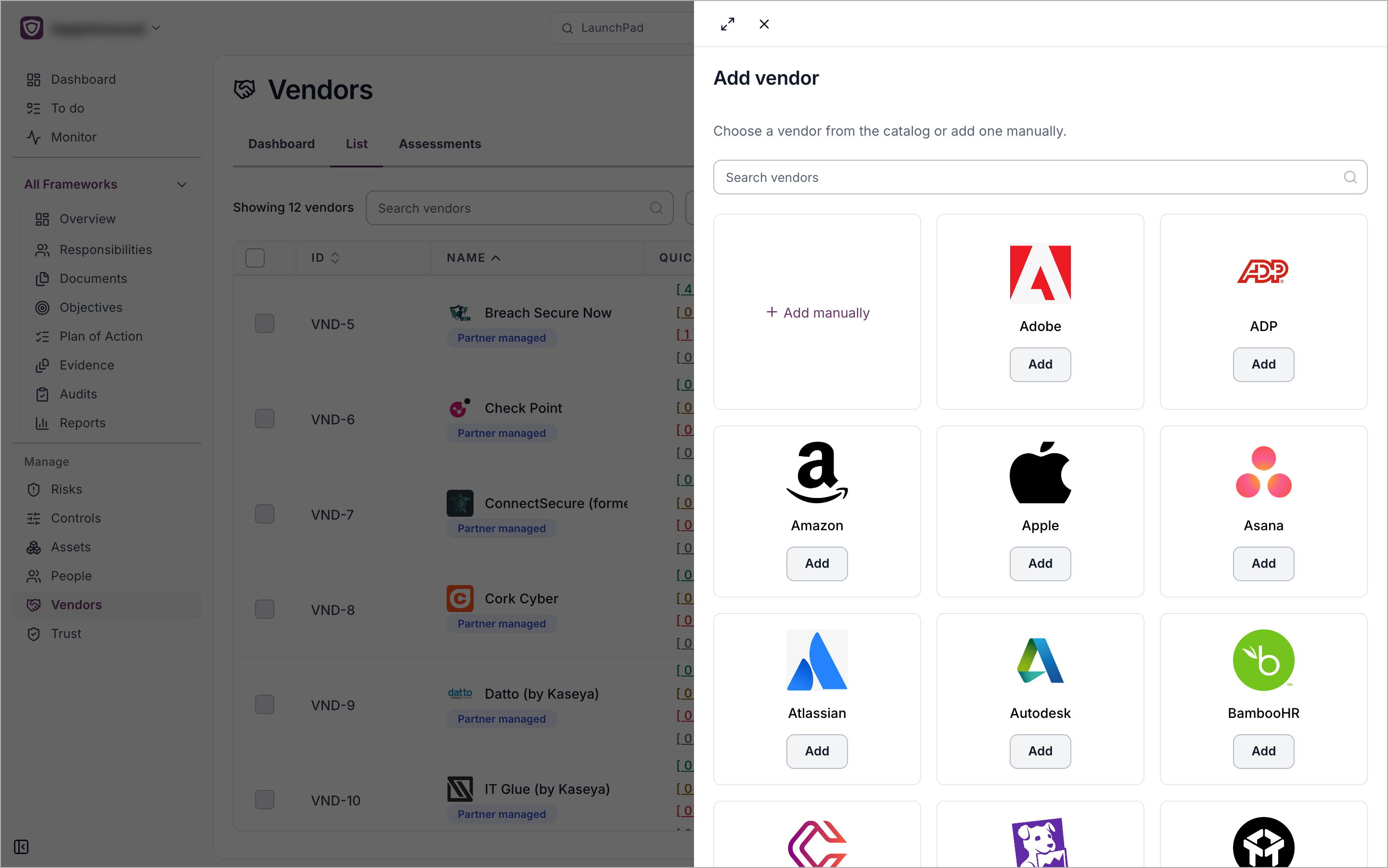 The Add vendor panel with a Search vendors box, the Add manually tile and catalog vendors each with an Add button