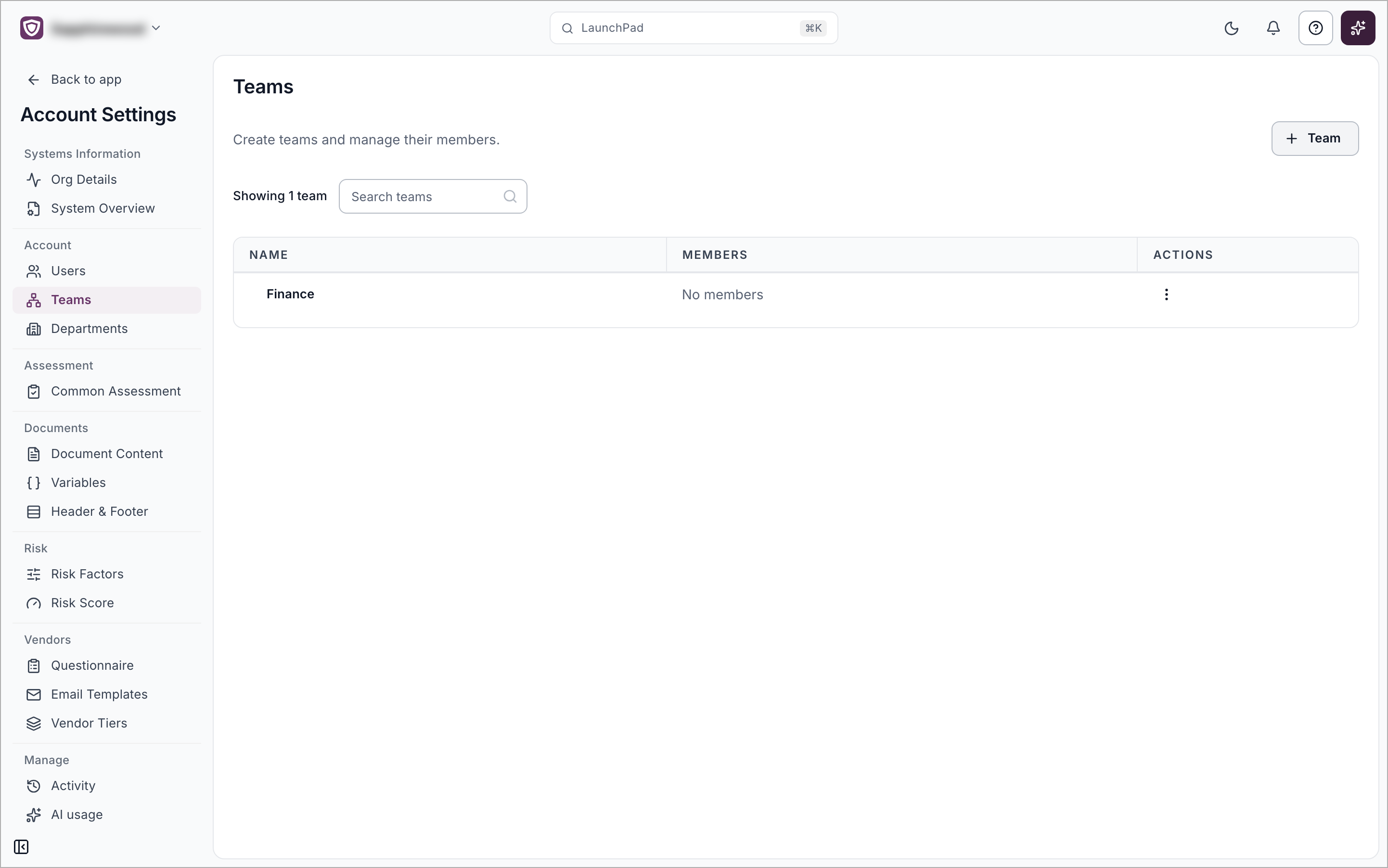 The Teams page with a search box, a button to add a team and a table of teams