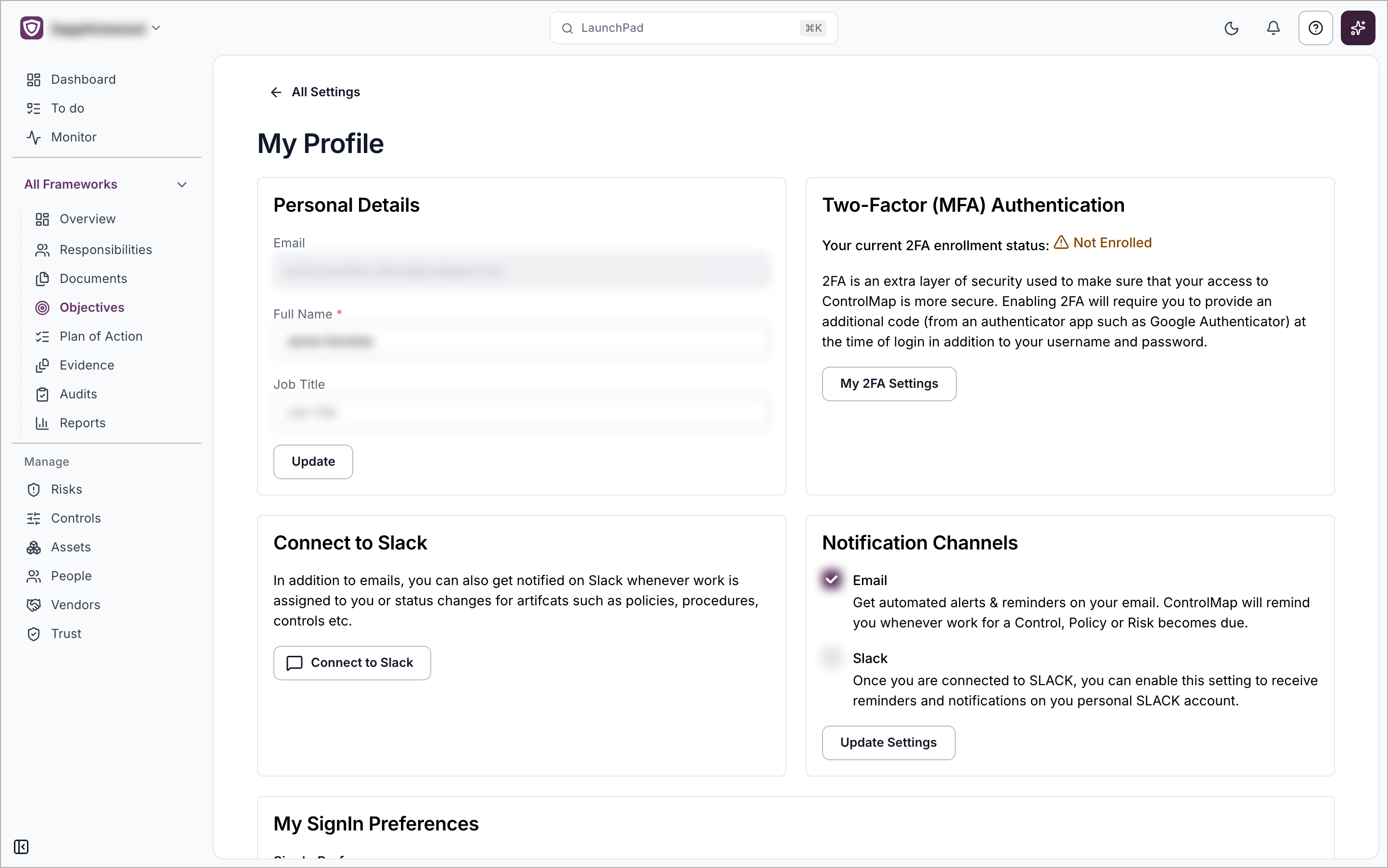 My Profile page with the Two-Factor (MFA) Authentication card showing Not Enrolled and the My 2FA Settings button