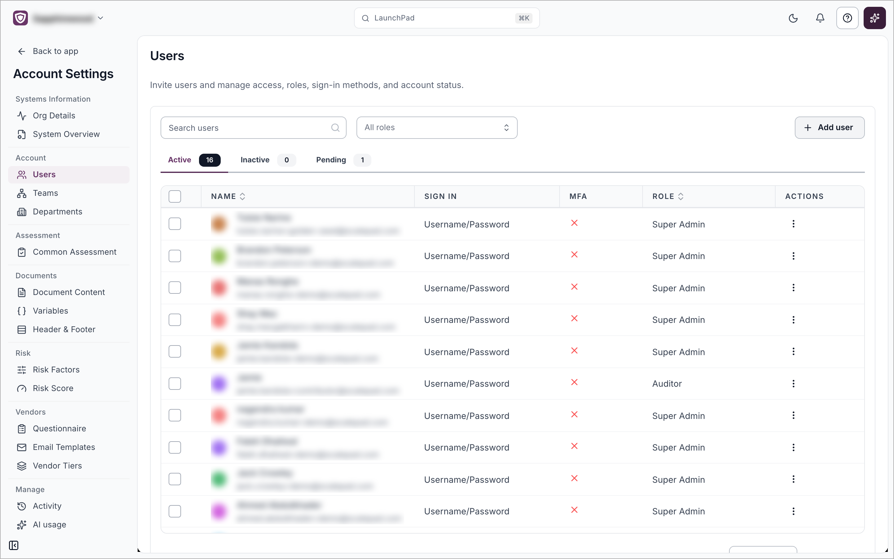 The Users page in Account Settings with the Sign in column showing each user's sign-in method
