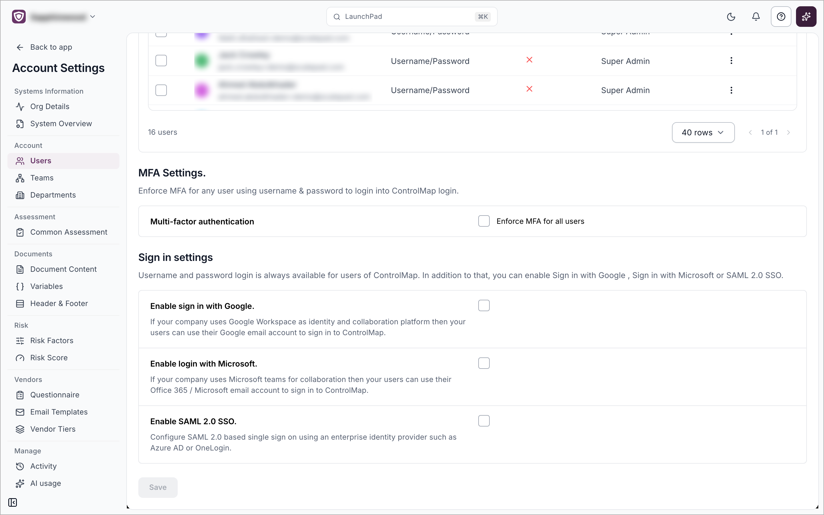 The Sign in settings card with options for Google, Microsoft, and SAML 2.0 SSO
