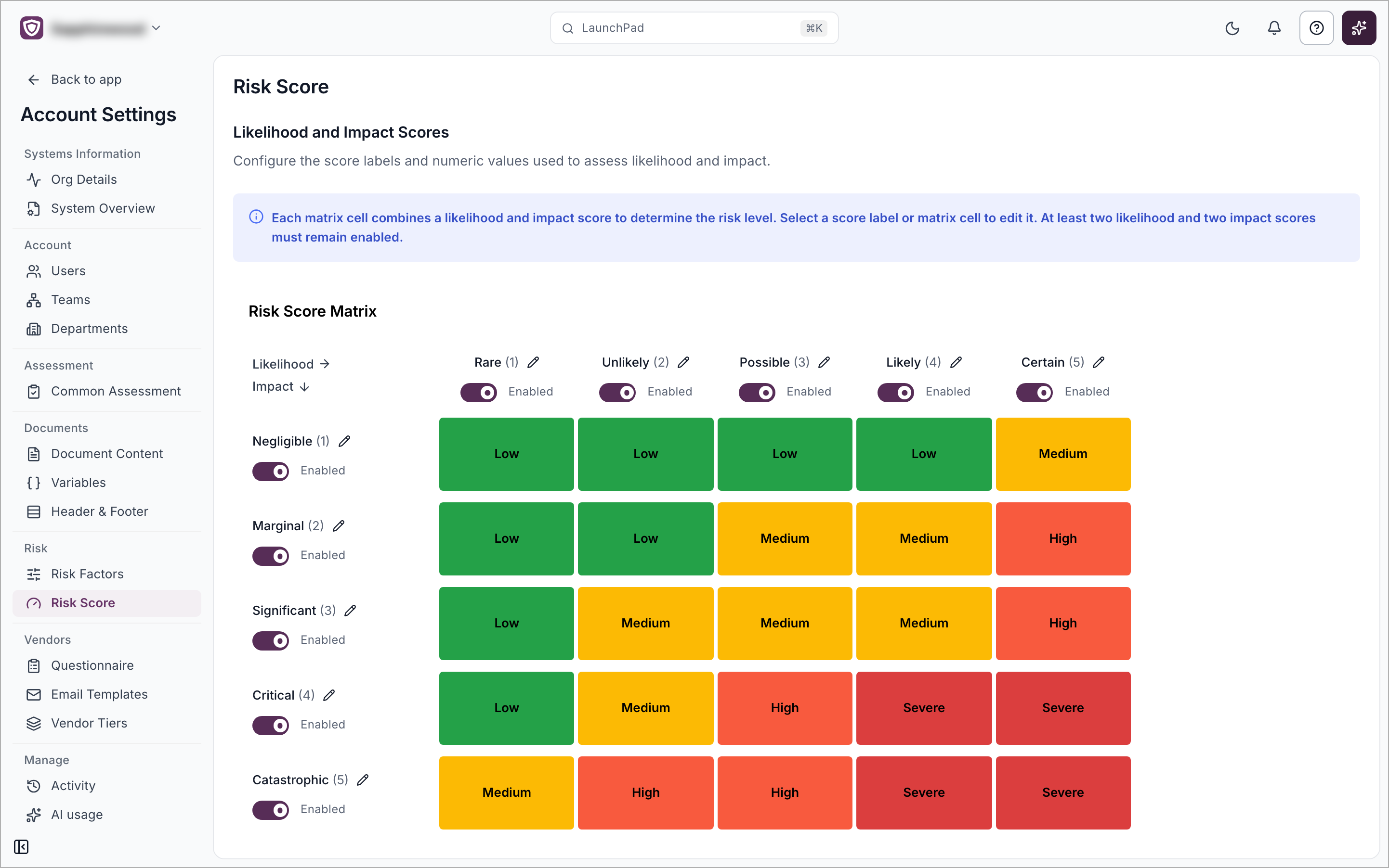 The Risk Score page showing the Risk Score Matrix with likelihood across the top and impact down the side