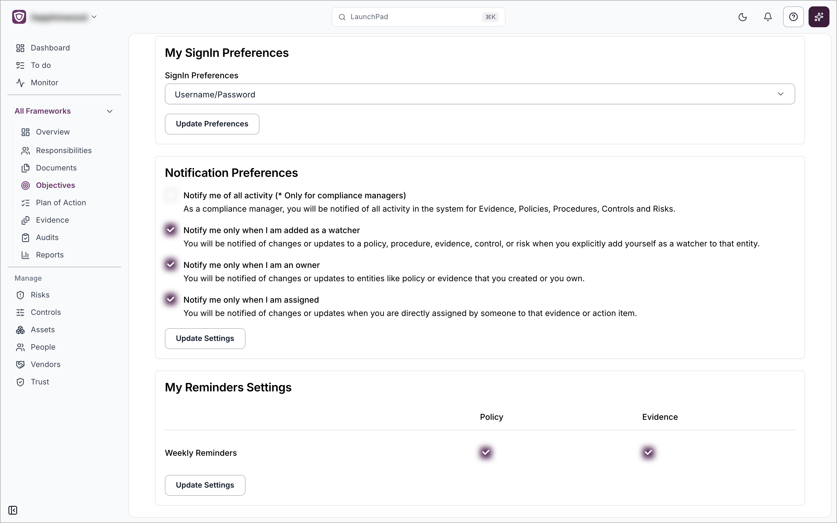 The My SignIn Preferences card on My Profile with the SignIn Preferences list and Update Preferences button