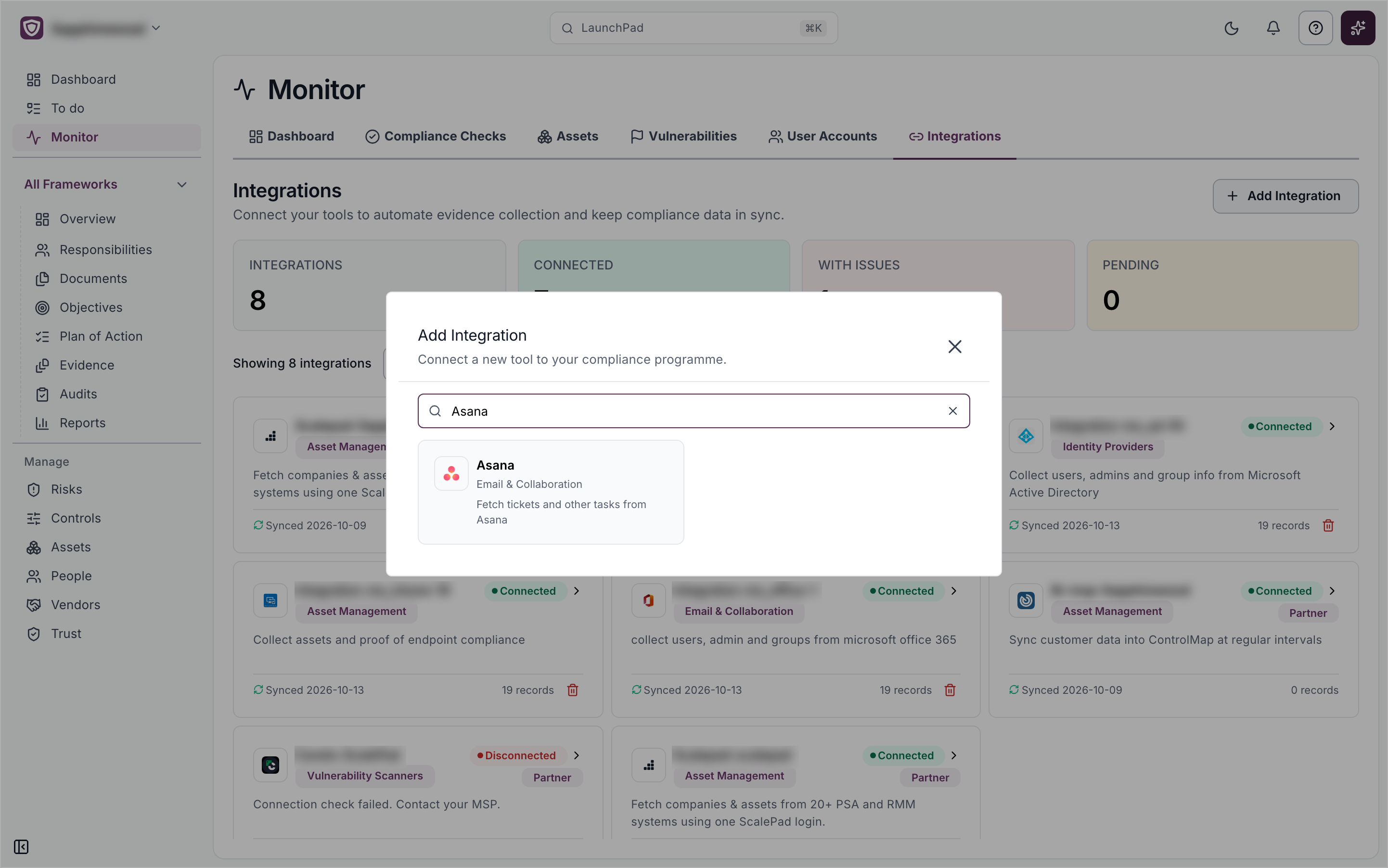 The Add Integration window with Asana typed in the search box and the Asana card showing