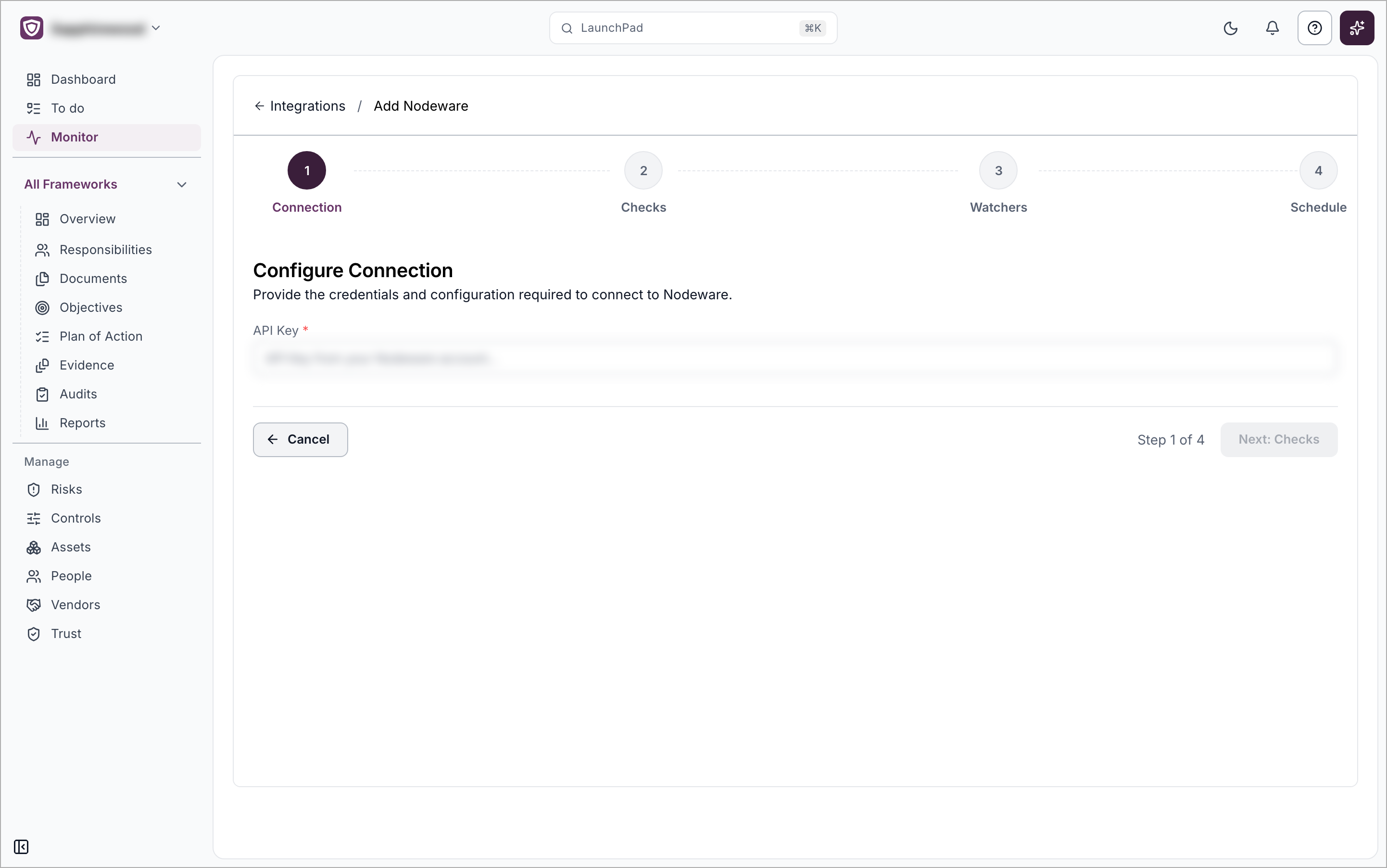 The Add Nodeware setup page on the Connection step with the API Key field and the four steps along the top