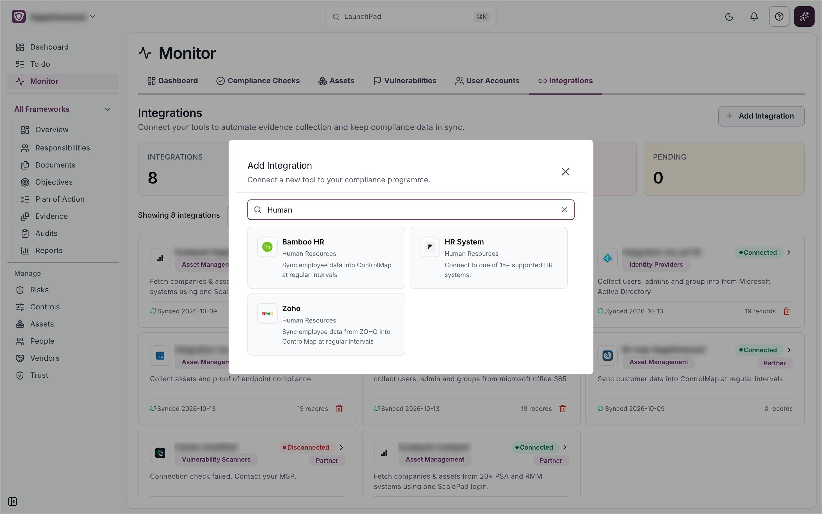 The Add Integration window with the search box set to Human, showing the Bamboo HR, HR System and Zoho cards