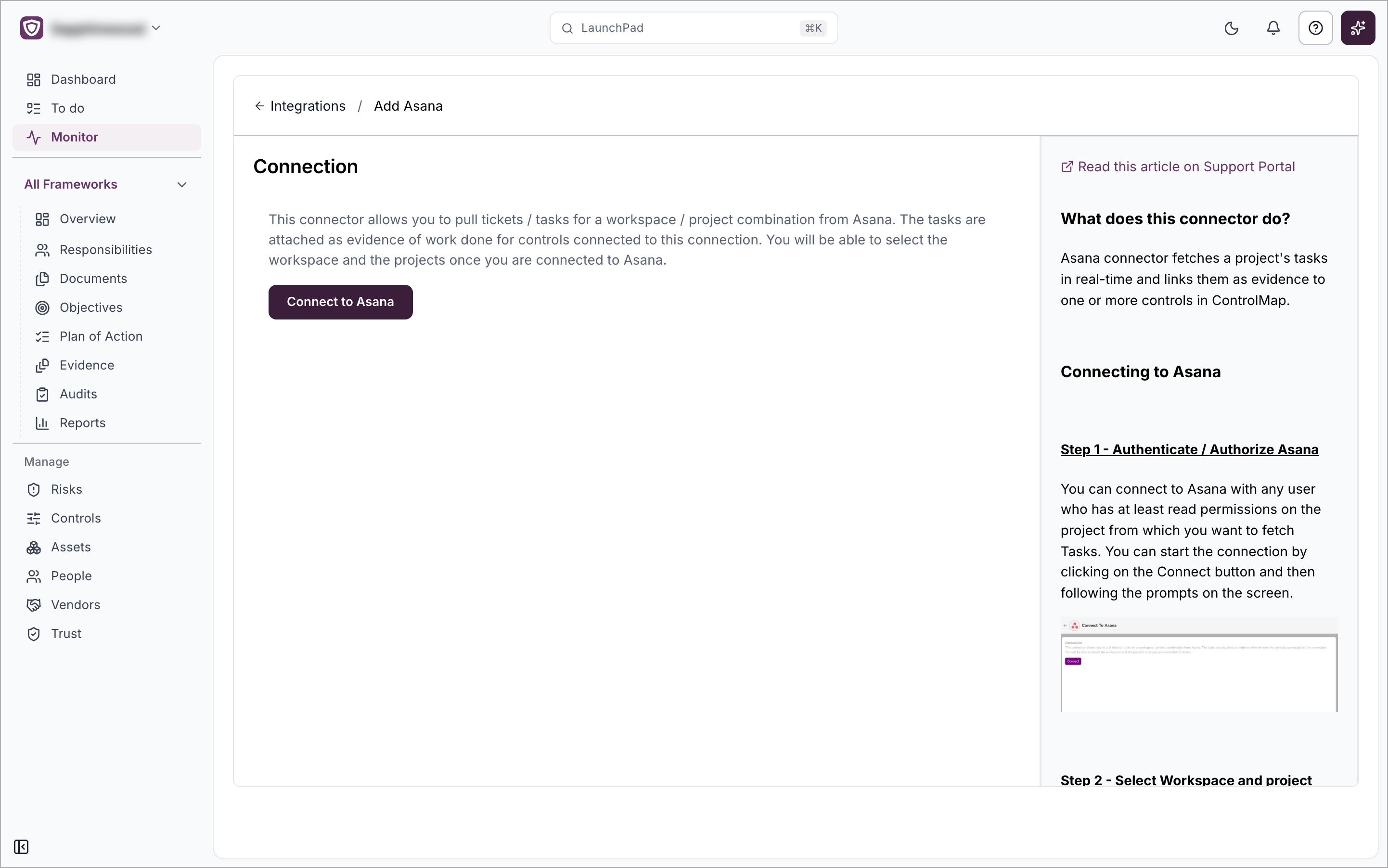 The Add Asana page on the Connection step with the Connect to Asana button and the help panel on the right