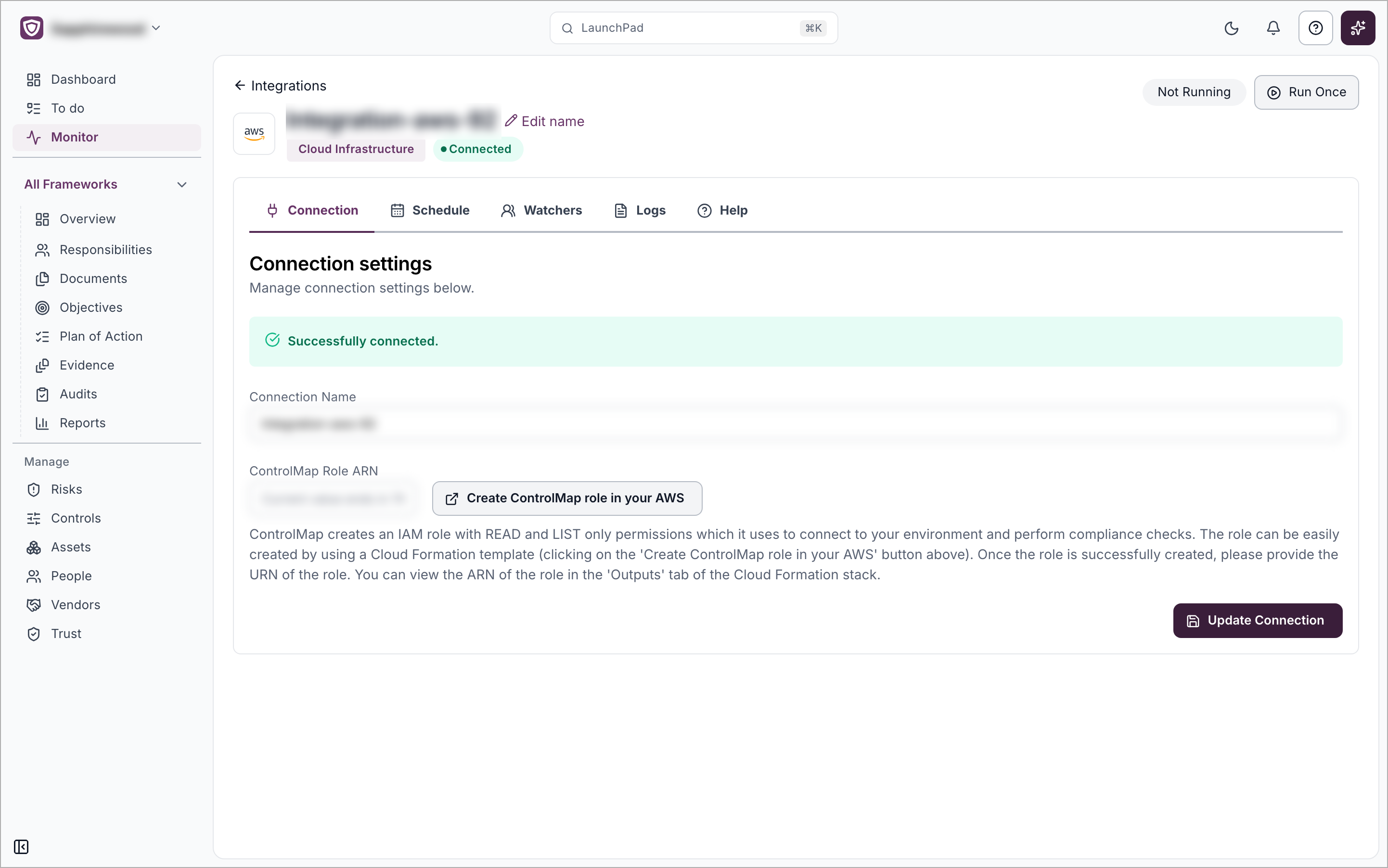 The page of a connected AWS integration with the Connection tab open, showing Successfully connected and the Update Connection button
