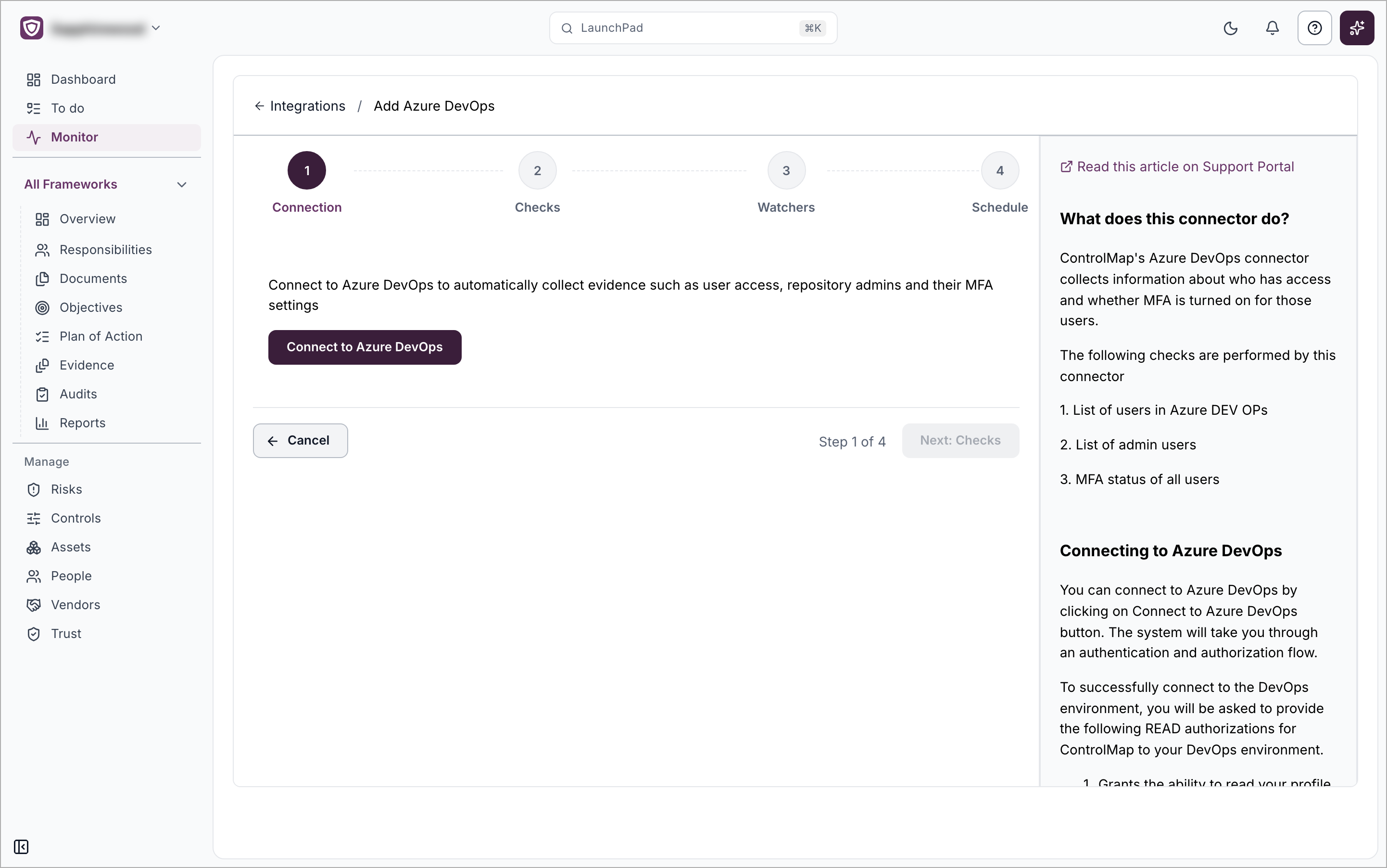The Add Azure DevOps setup page on the Connection step, with the Connect to Azure DevOps button and a help panel on the right