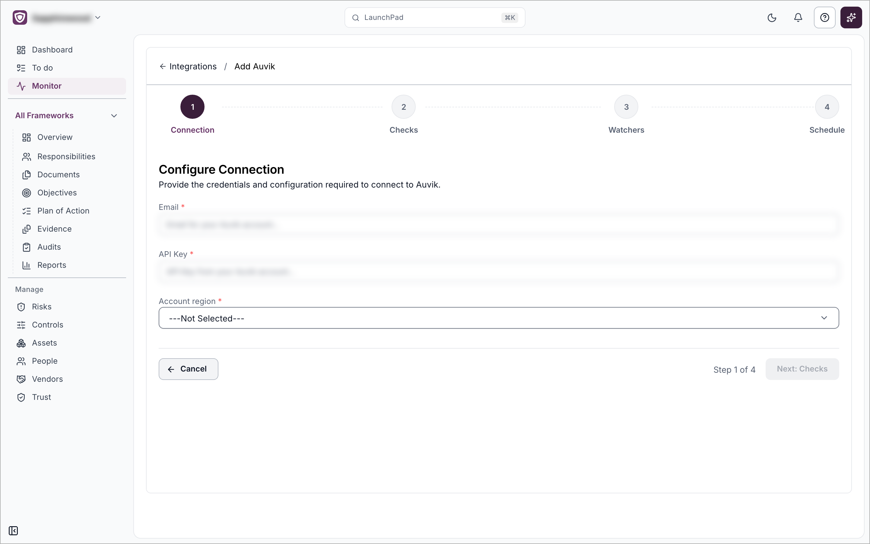 The Add Auvik setup page on the Connection step with the Email, API Key and Account region fields