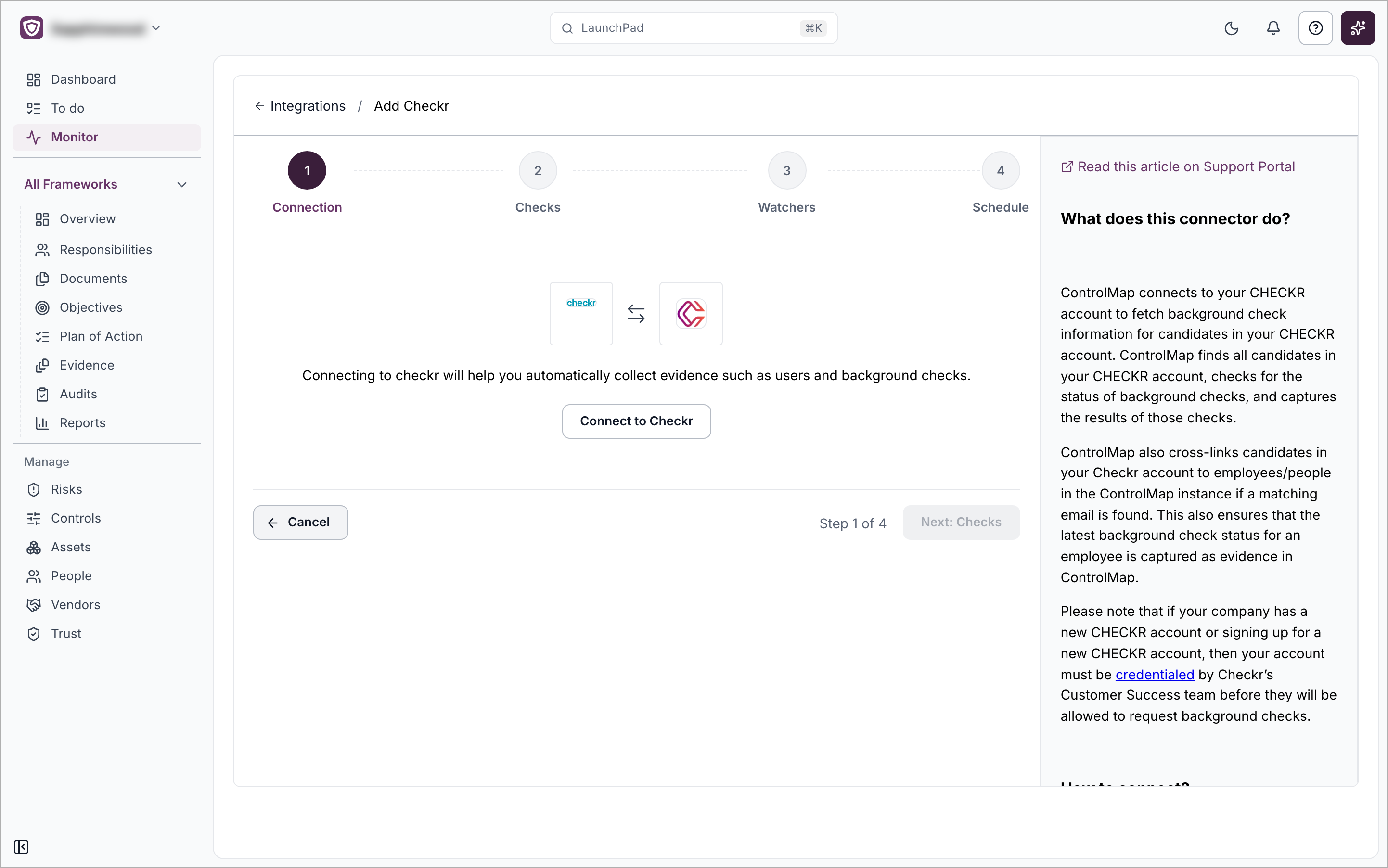 The Add Checkr setup page on the Connection step, with the Connect to Checkr button and the four steps along the top