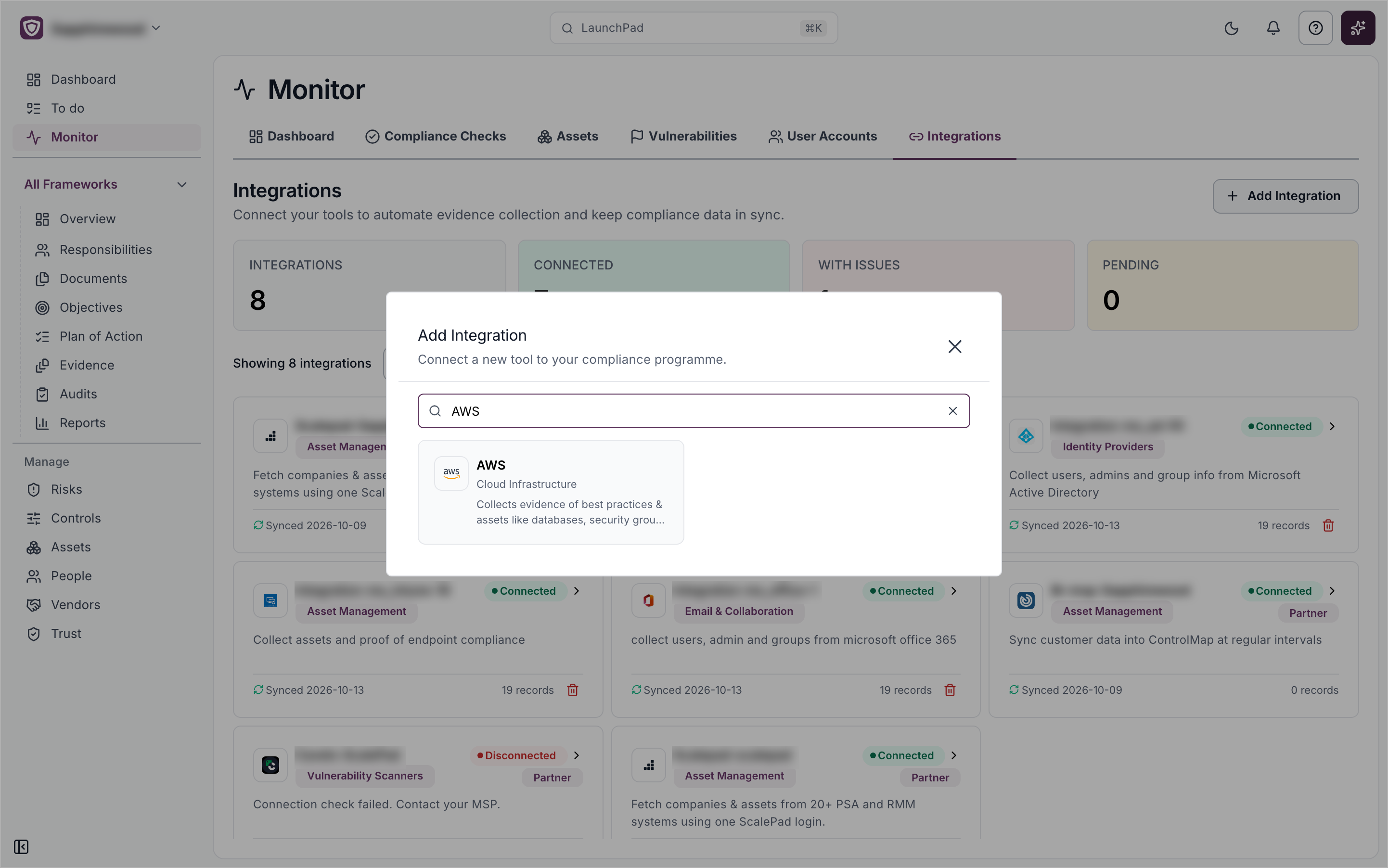 The Add Integration window searched for AWS, showing the AWS card under Cloud Infrastructure