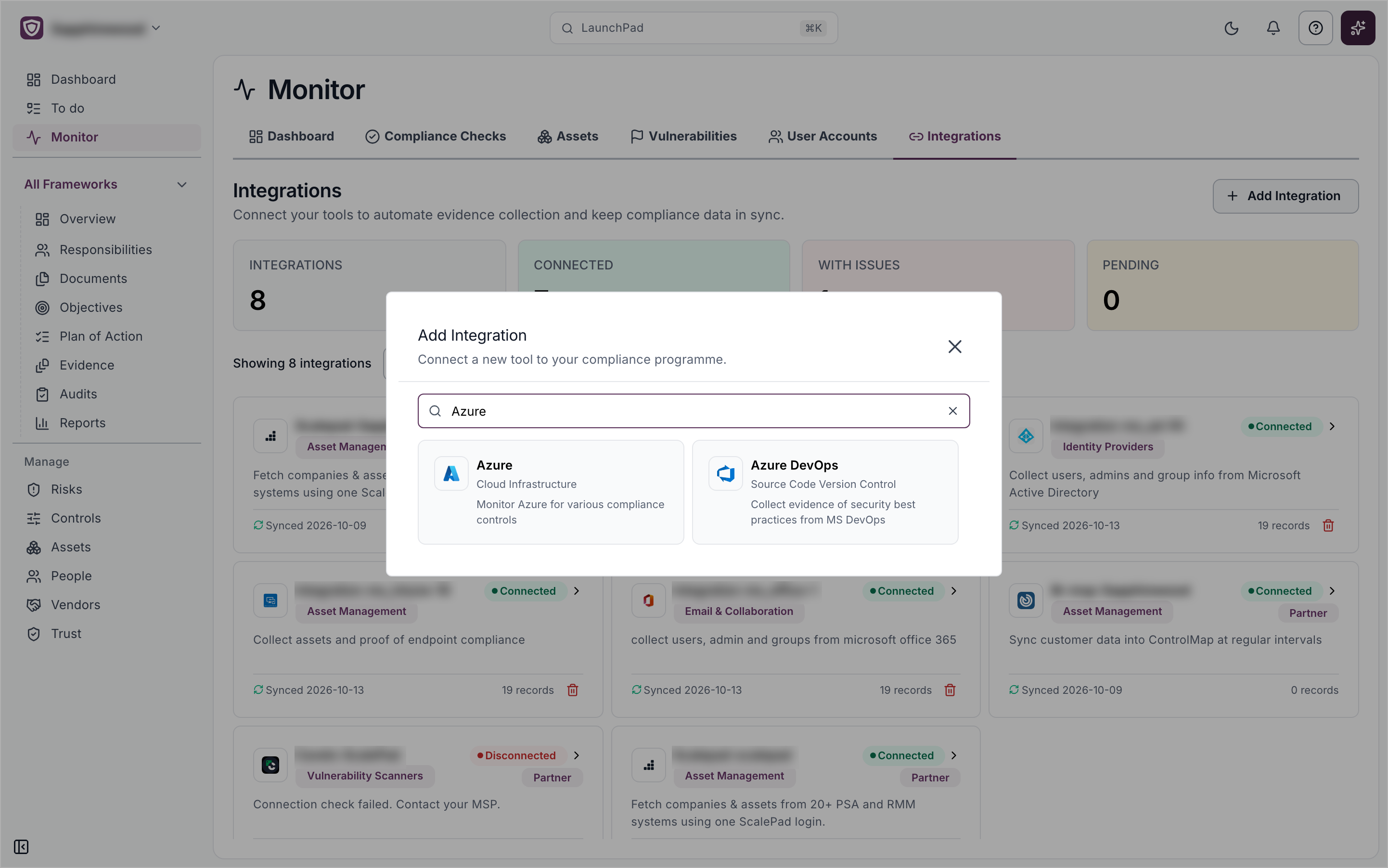 The Add Integration window searched for Azure, showing the Azure and Azure DevOps cards