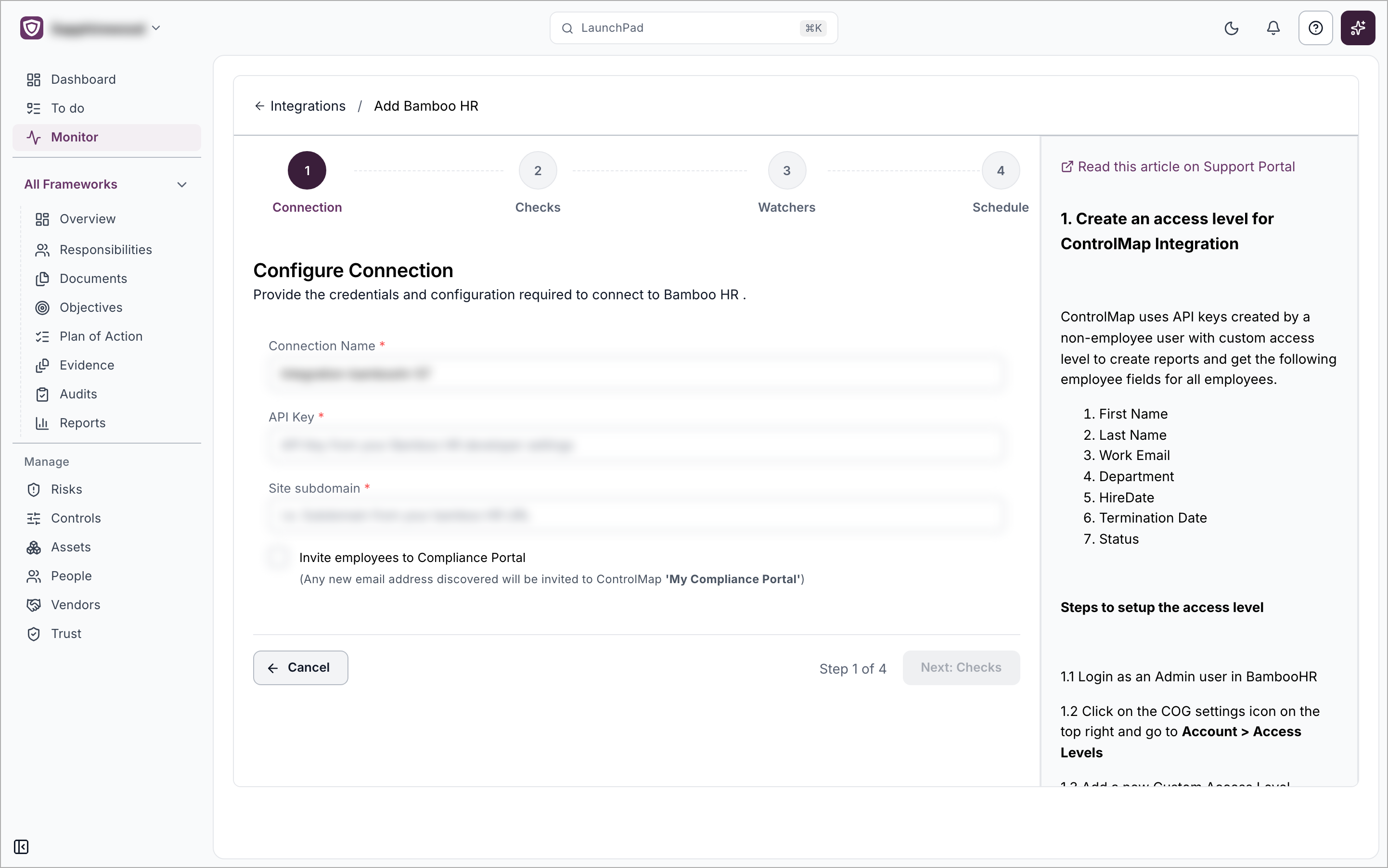 The Add Bamboo HR setup page on the Connection step, with the Connection Name, API Key and Site subdomain fields, the Invite employees to Compliance Portal checkbox and the help panel on the right