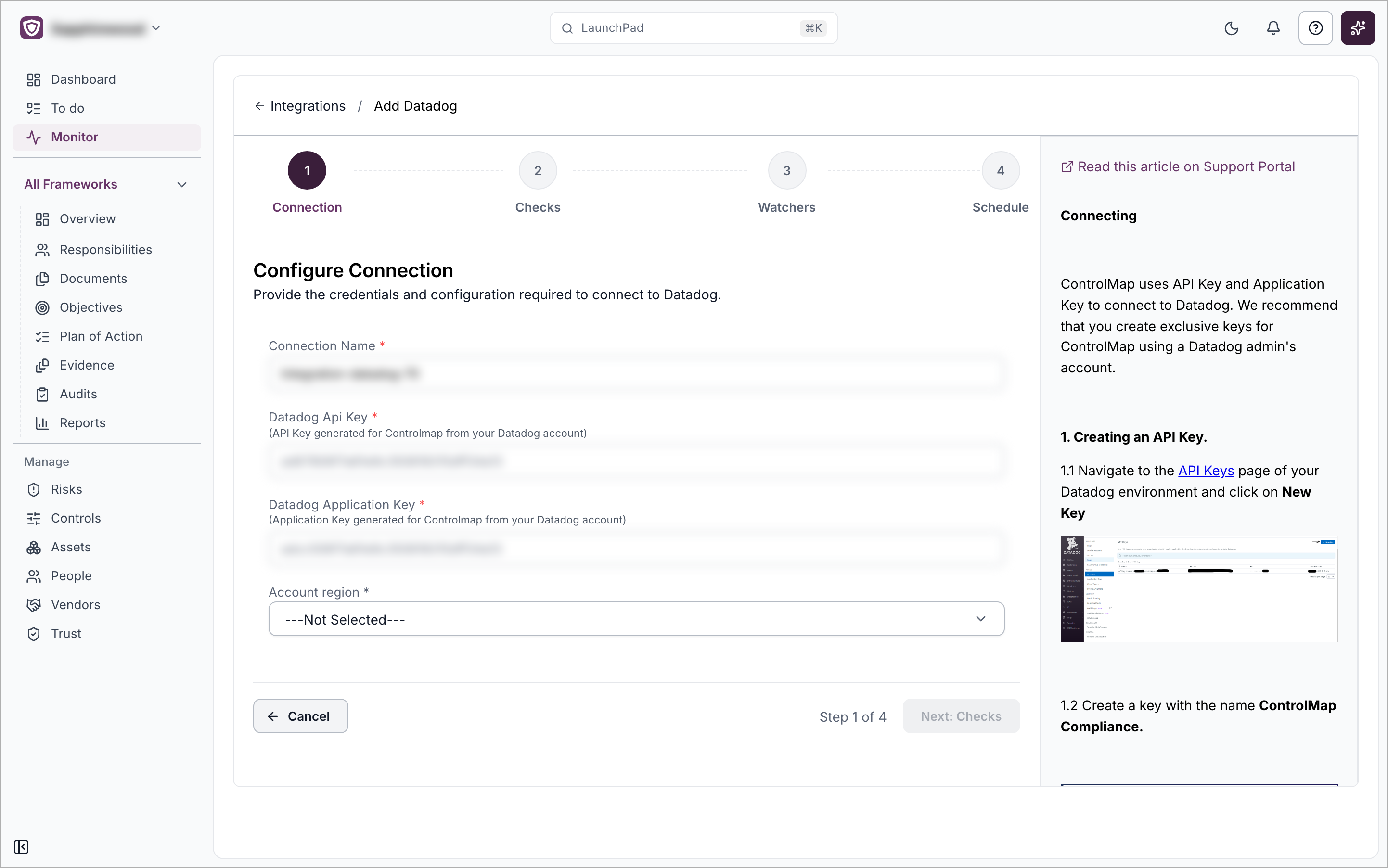 The Add Datadog setup page on the Connection step, with the four fields and the help panel on the right