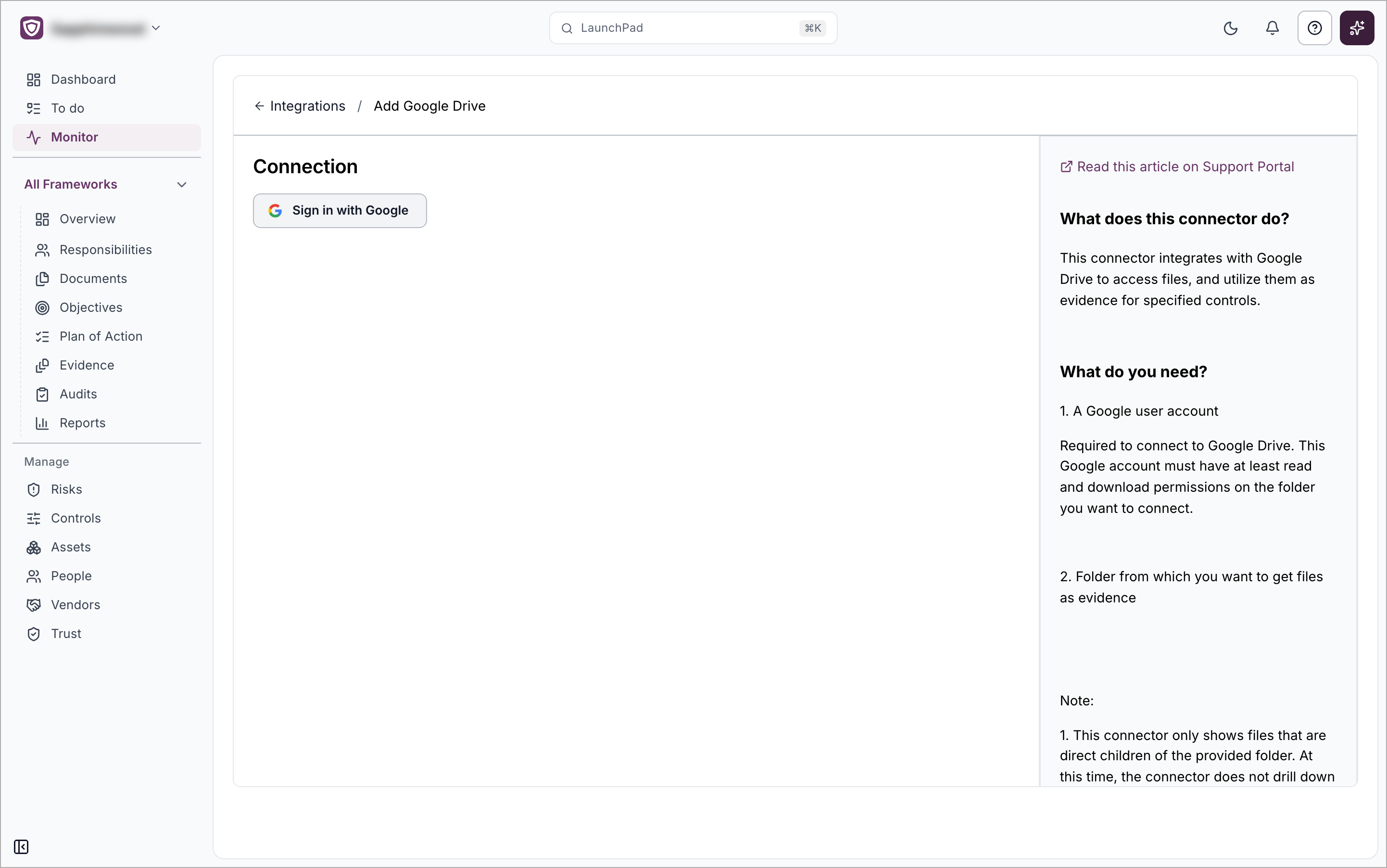 The Add Google Drive page on the Connection step with the Sign in with Google button and the help panel on the right