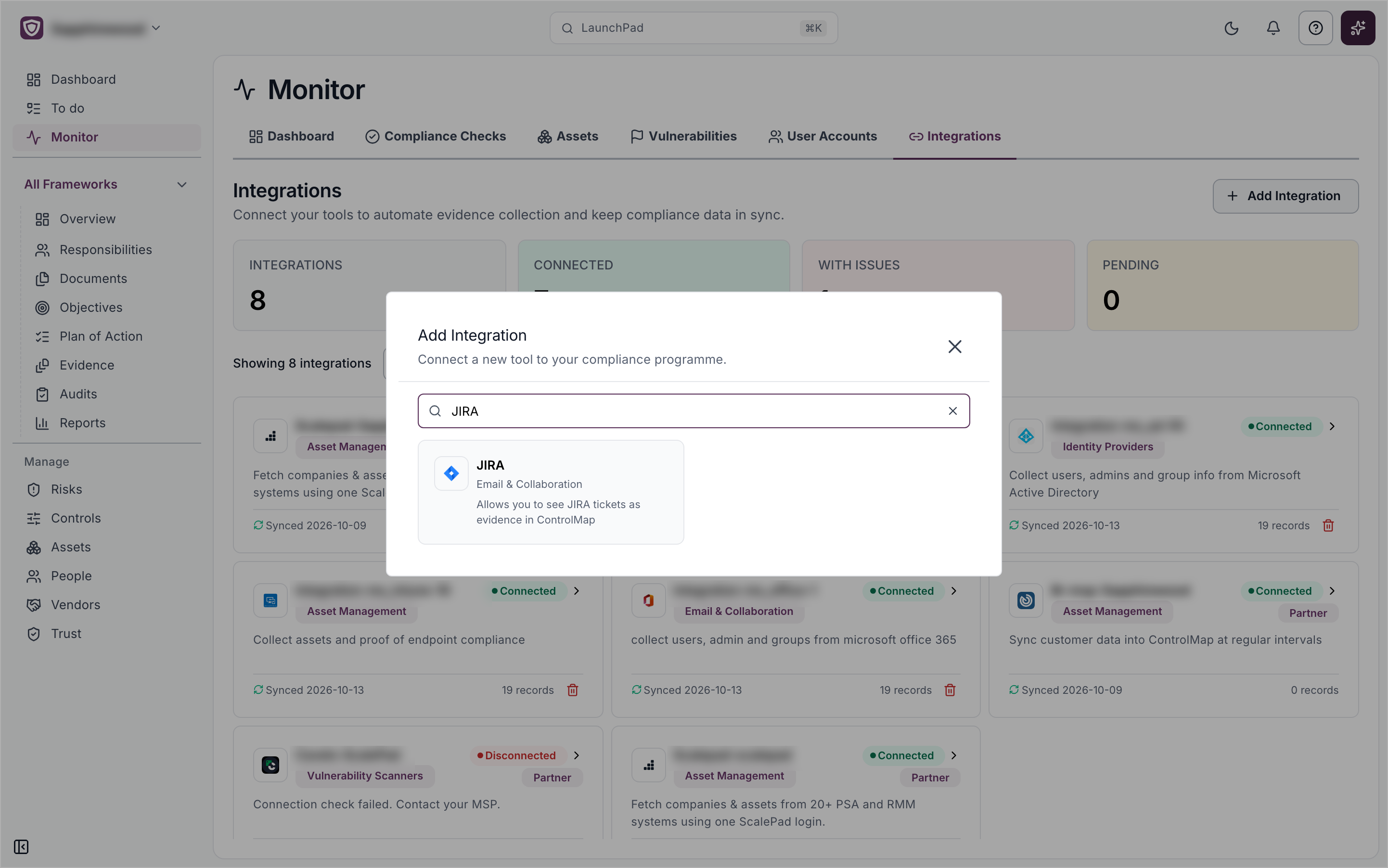 The Add Integration window with JIRA typed in the search box and the JIRA card showing