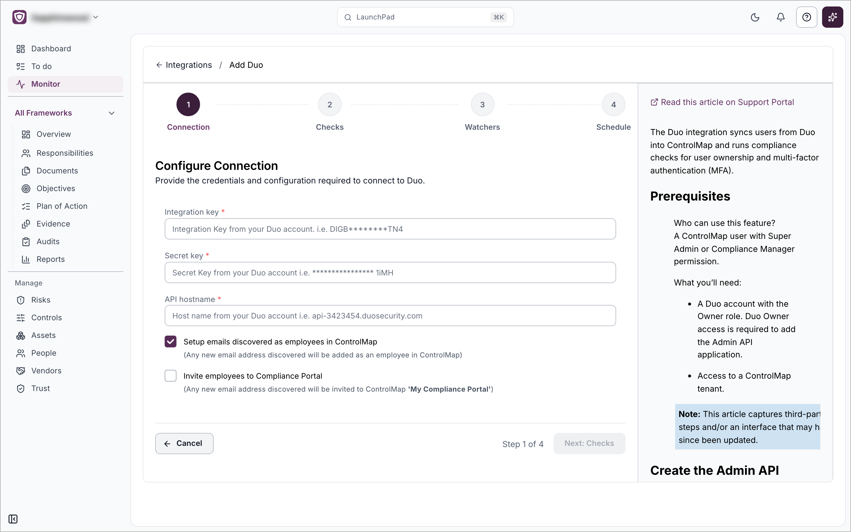 The Add Duo setup page on the Connection step with the Integration key, Secret key and API hostname fields and the two employee options