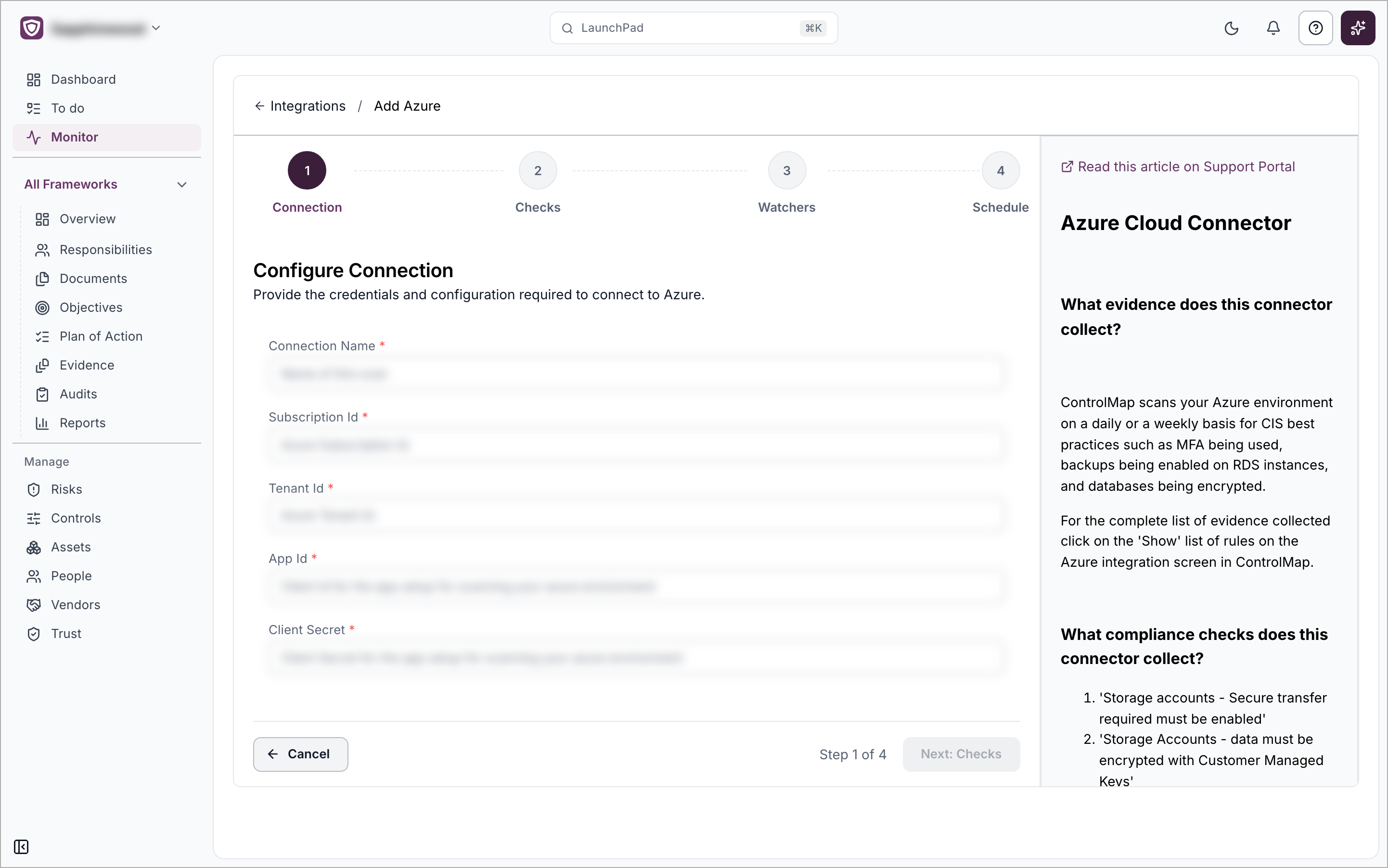 The Add Azure setup page on the Connection step, with the five fields and a help panel on the right