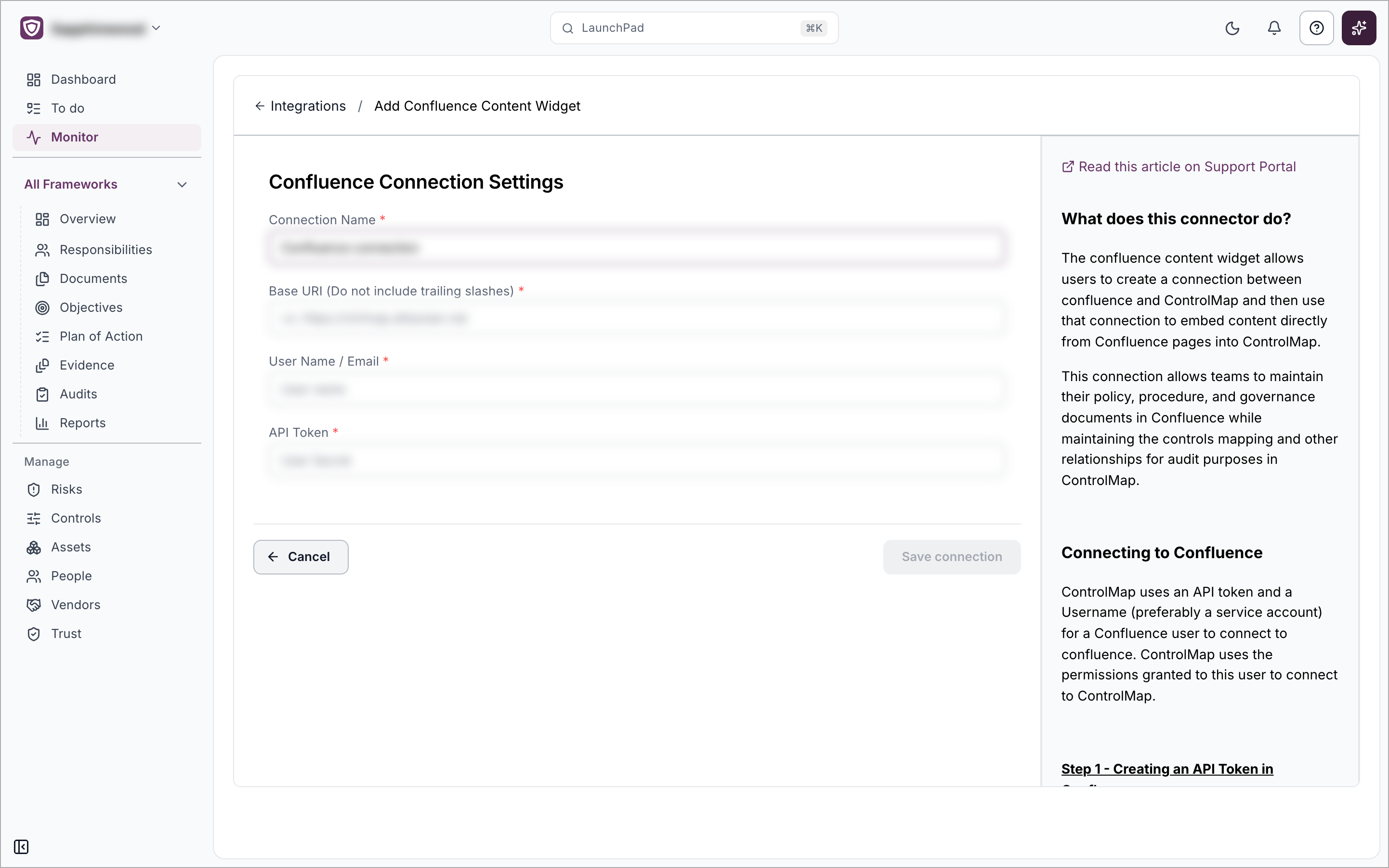 The Add Confluence Content Widget page with the Connection Name, Base URI, User Name / Email and API Token fields, the Cancel and Save connection buttons, and a help panel on the right