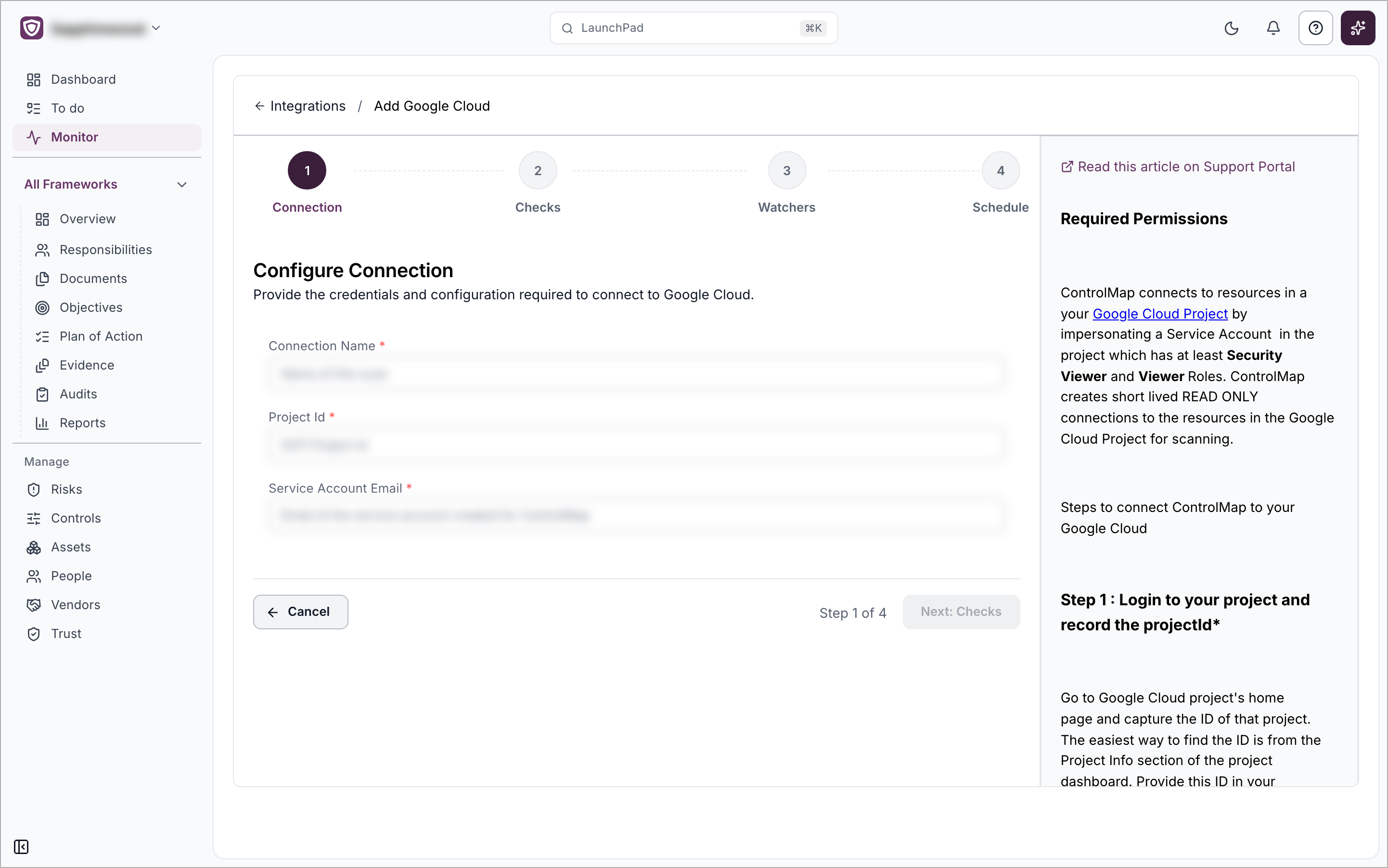 The Add Google Cloud setup page on the Connection step with the Connection Name, Project Id and Service Account Email fields and the Required Permissions panel on the right
