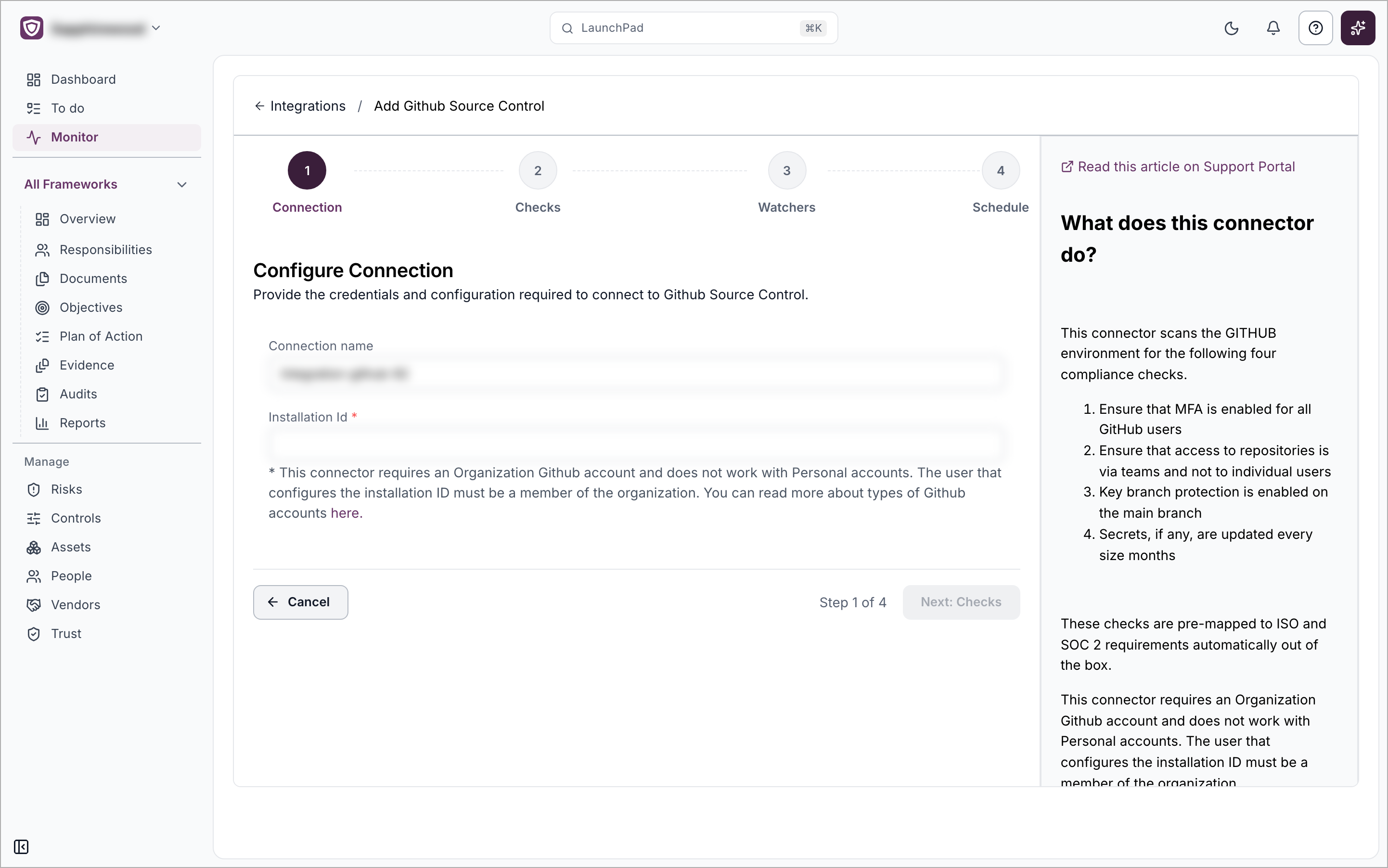 The Add Github Source Control setup page on the Connection step, with the Connection name and Installation Id fields and a help panel on the right