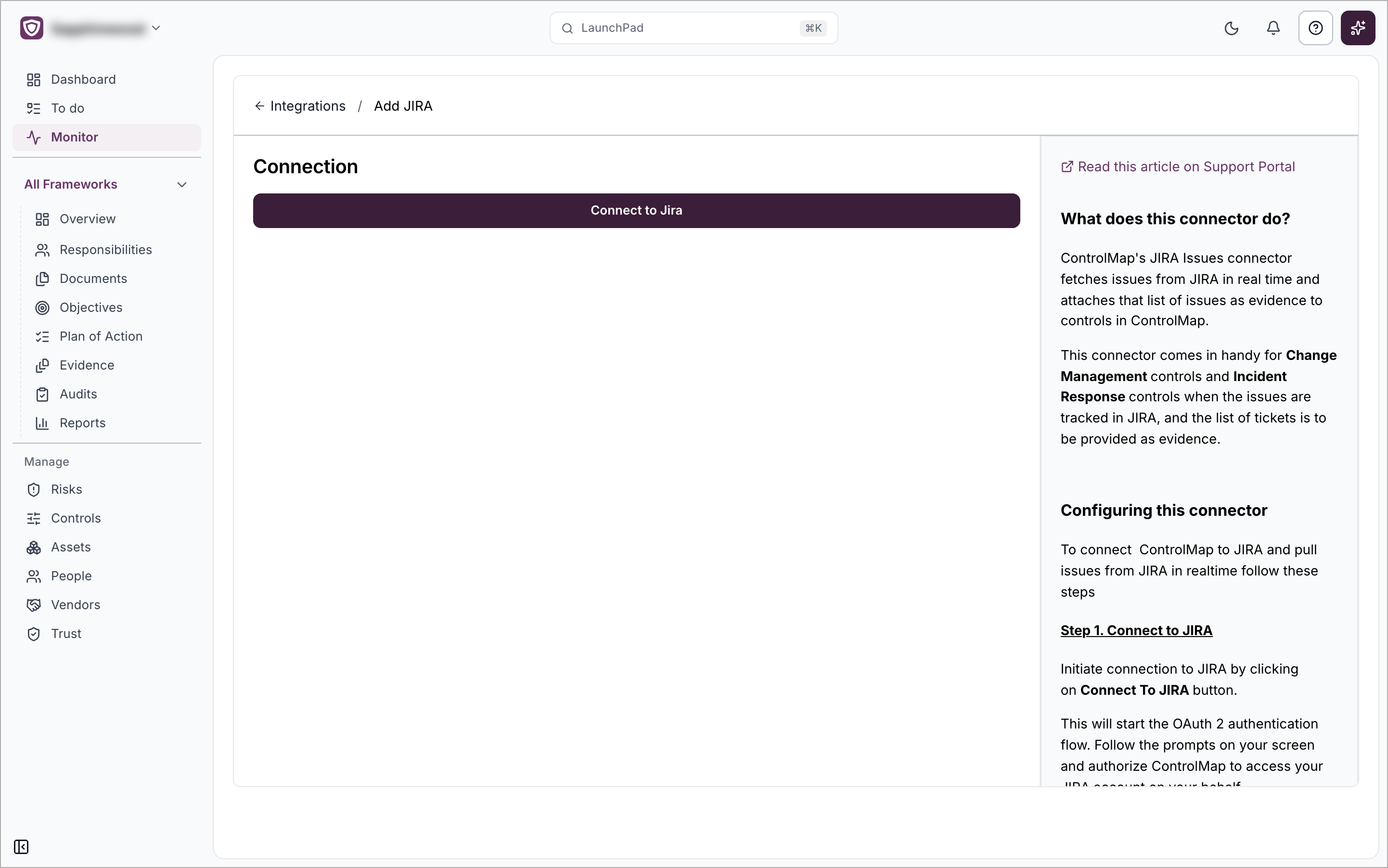 The Add JIRA page on the Connection step with the Connect to Jira button and the help panel on the right