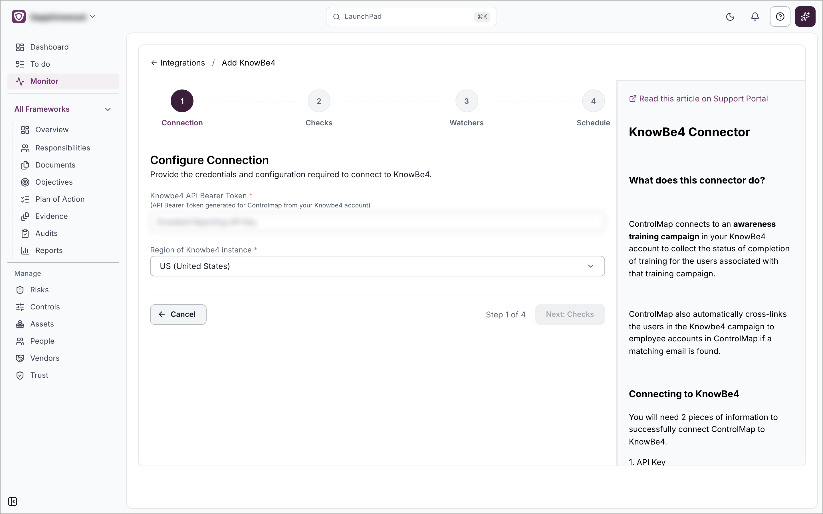 The Add KnowBe4 setup page on the Connection step, with the API bearer token and region fields and the four steps along the top