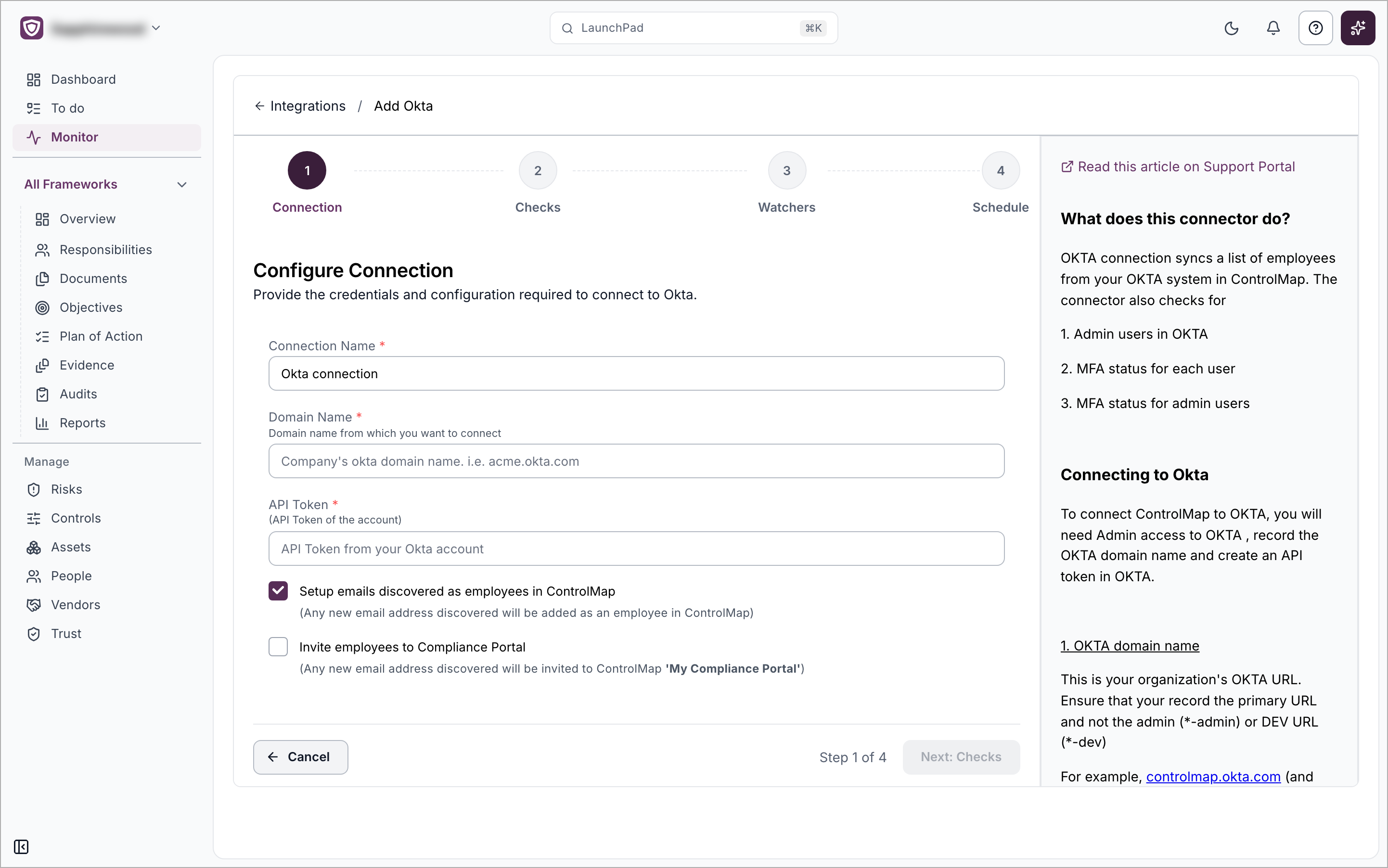 The Add Okta page, Connection step, with the Connection Name, Domain Name and API Token fields and the two employee options