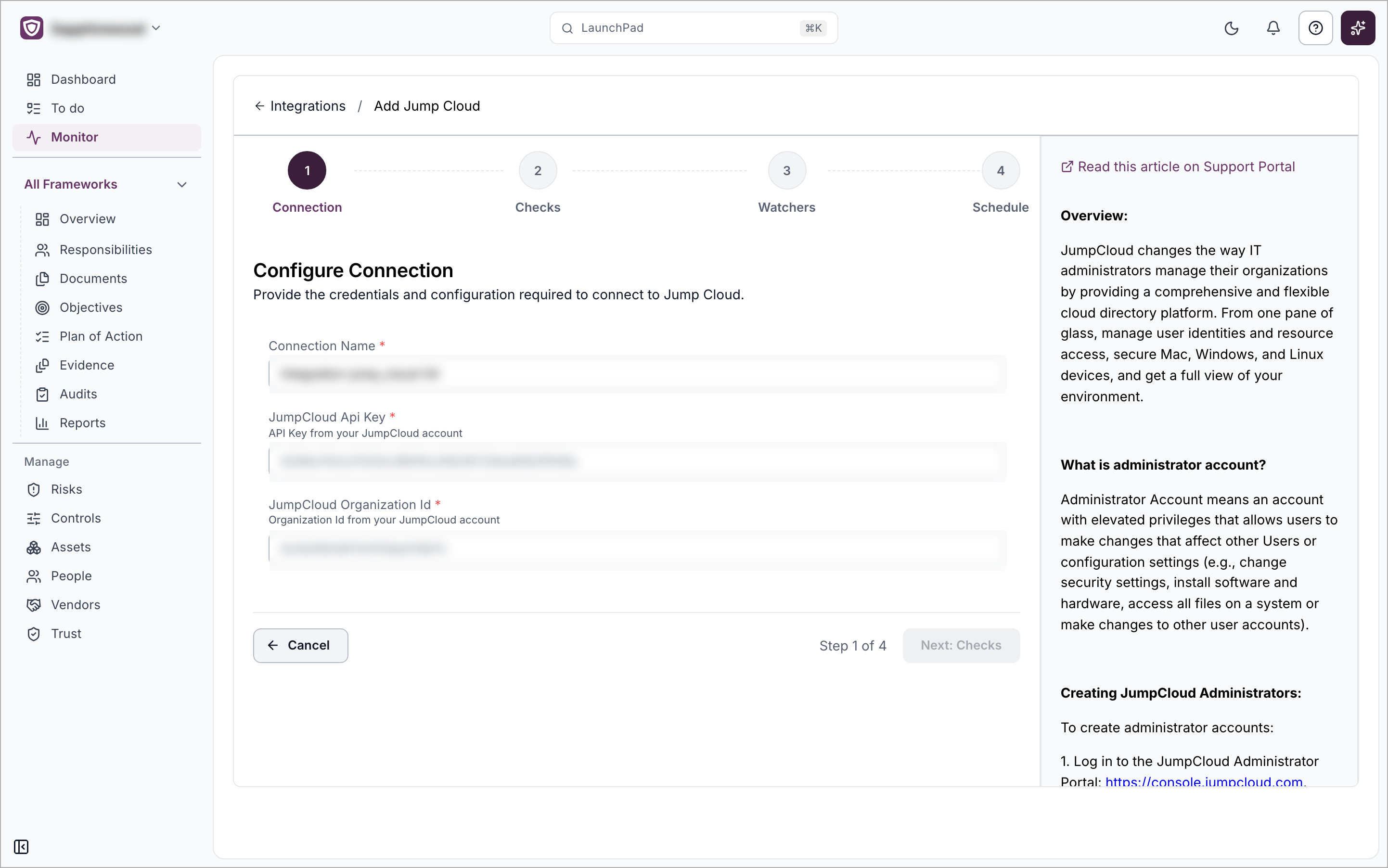 The Add Jump Cloud setup page on the Connection step with the Connection Name, JumpCloud Api Key and JumpCloud Organization Id fields