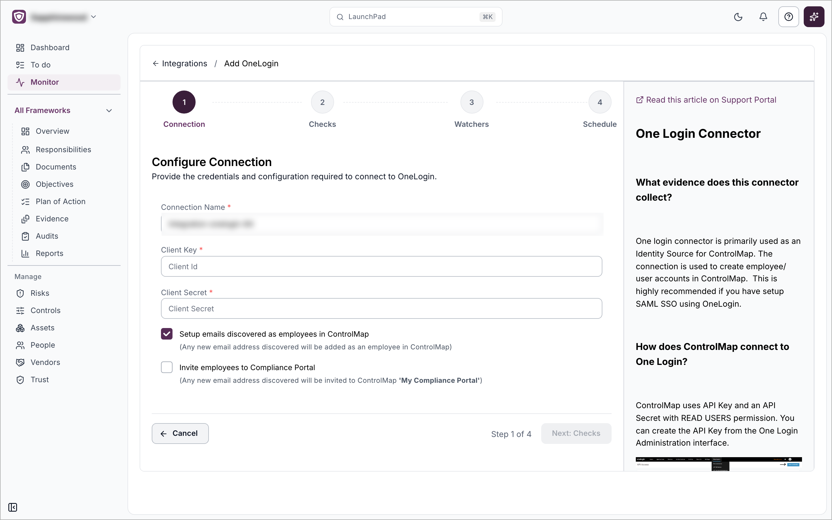 The Add OneLogin setup page on the Connection step with the Connection Name, Client Key and Client Secret fields and the two employee options