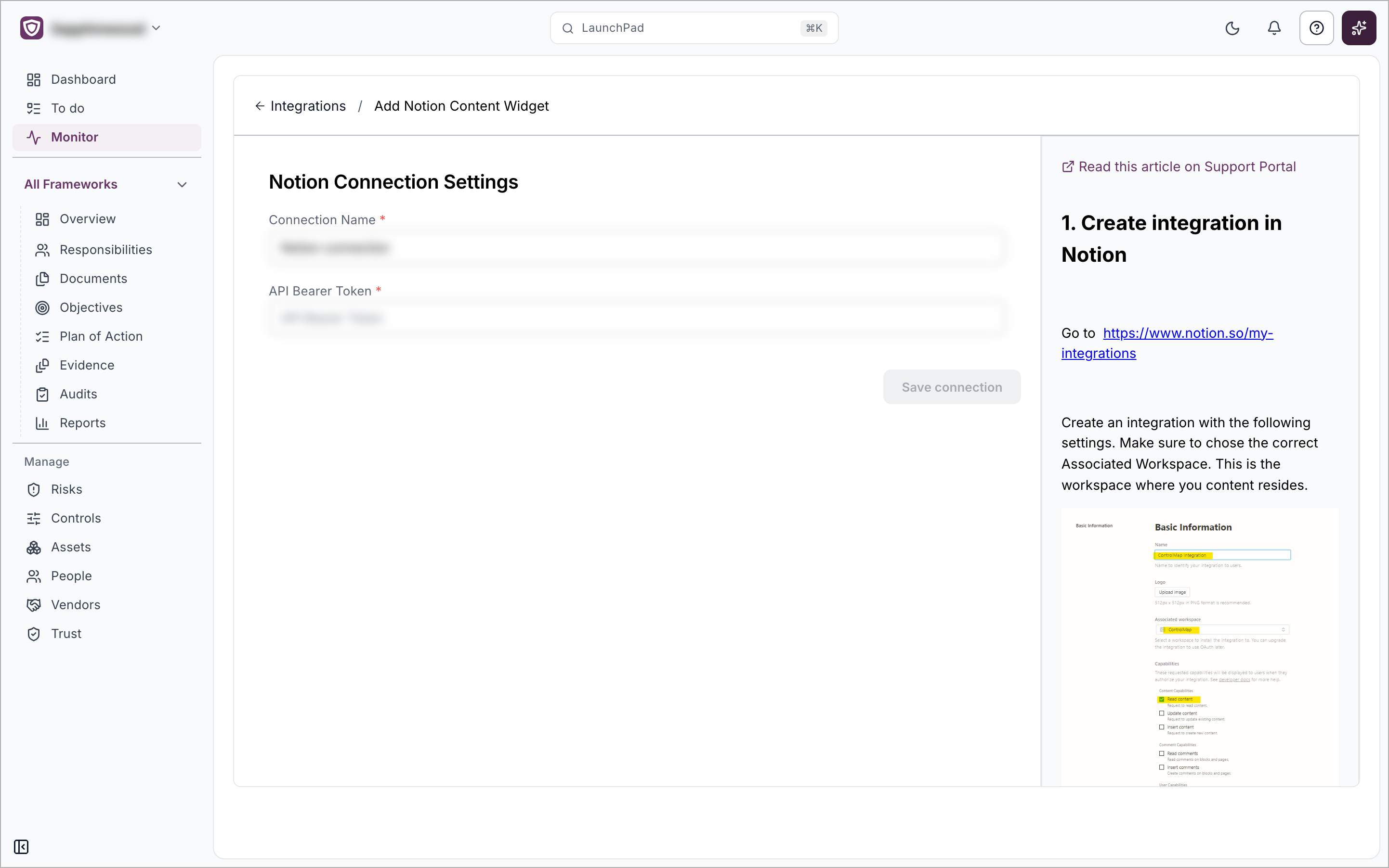 The Add Notion Content Widget page with the Connection Name and API Bearer Token fields, the Save connection button, and a help panel on the right