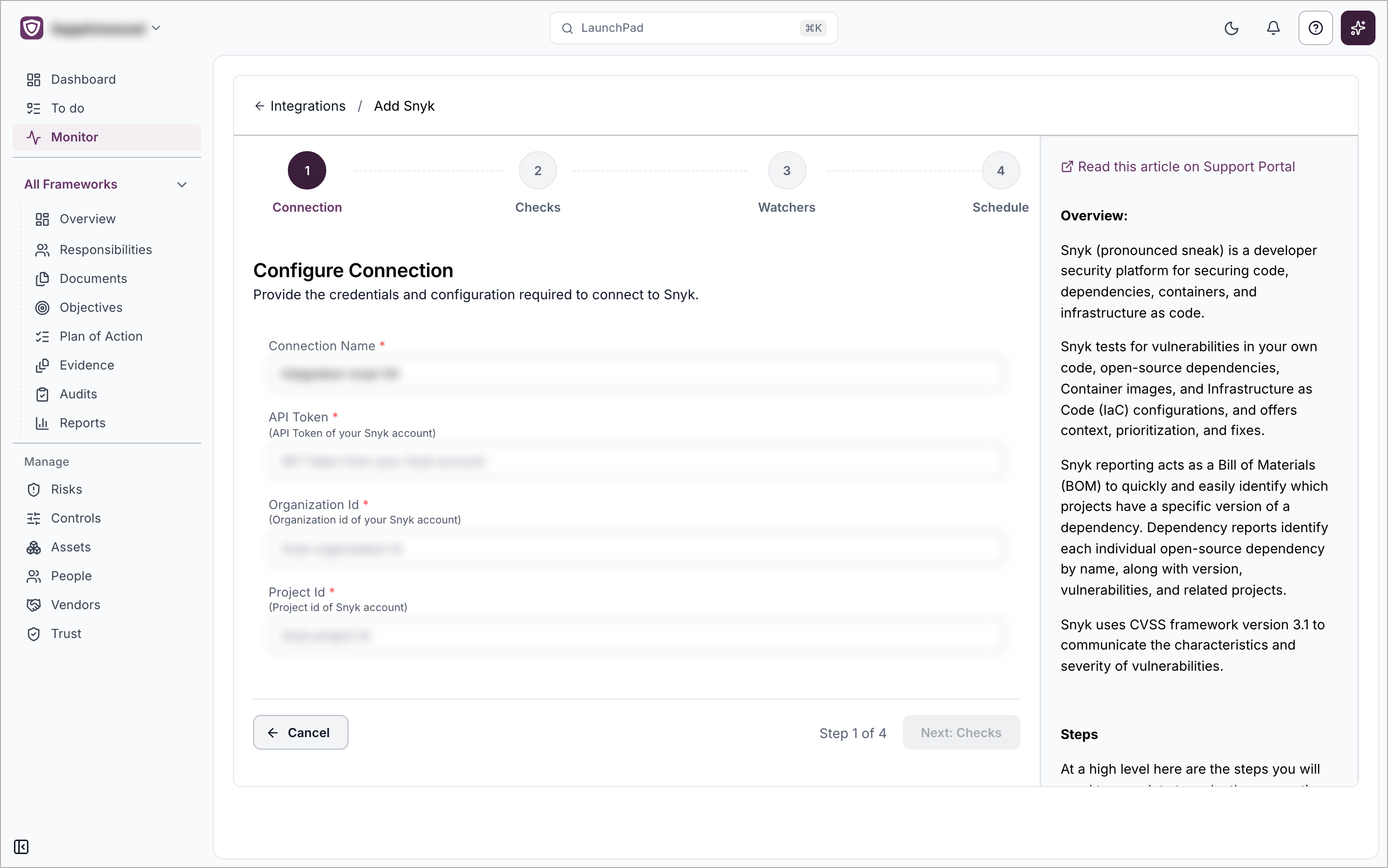 The Add Snyk setup page on the Connection step, with the four fields and the help panel on the right