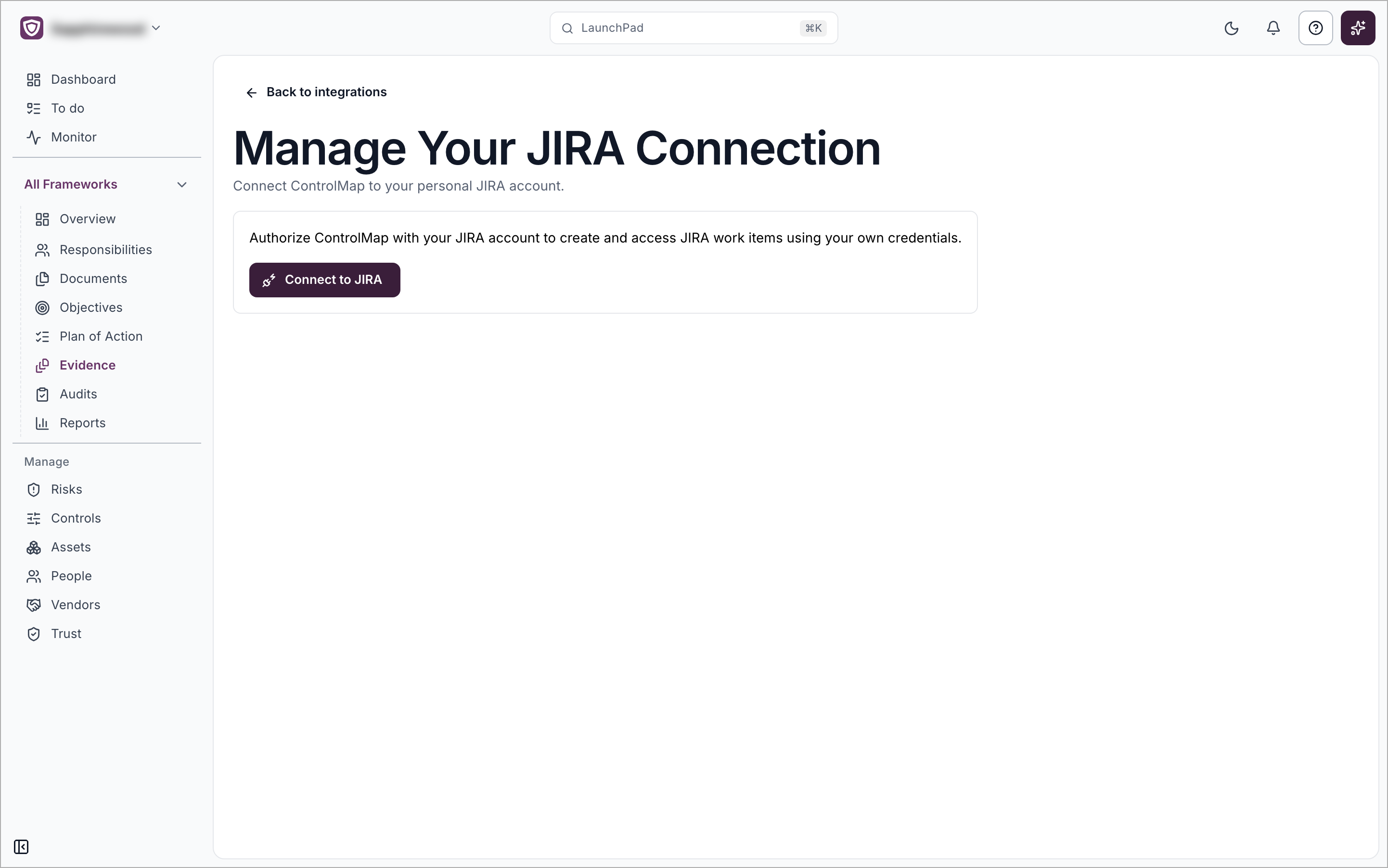 The Manage Your JIRA Connection page with the Connect to JIRA button