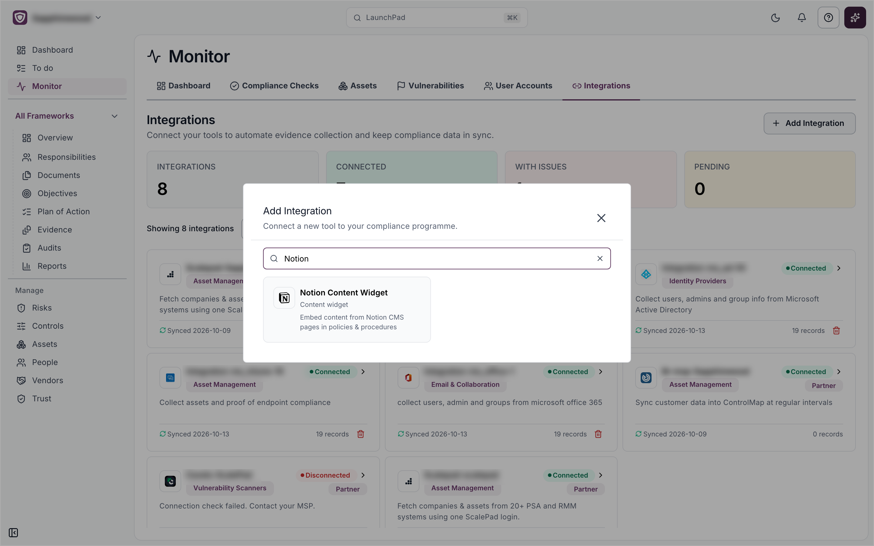 The Add Integration window with Notion typed in the search box and the Notion Content Widget card, described as embedding content from Notion CMS pages in policies and procedures