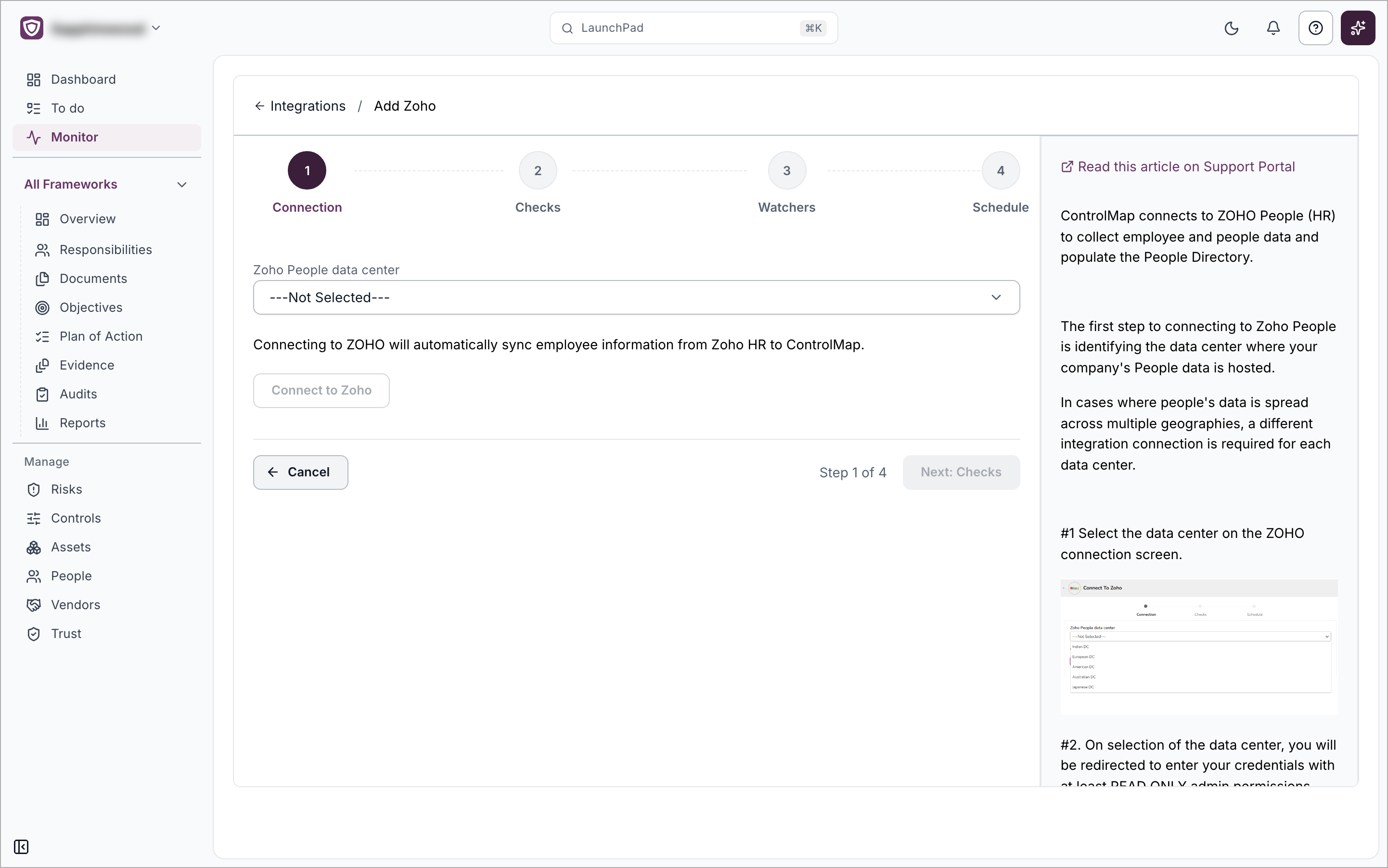 The Add Zoho setup page on the Connection step, with the Zoho People data center field, the Connect to Zoho button, the four steps along the top and the help panel on the right