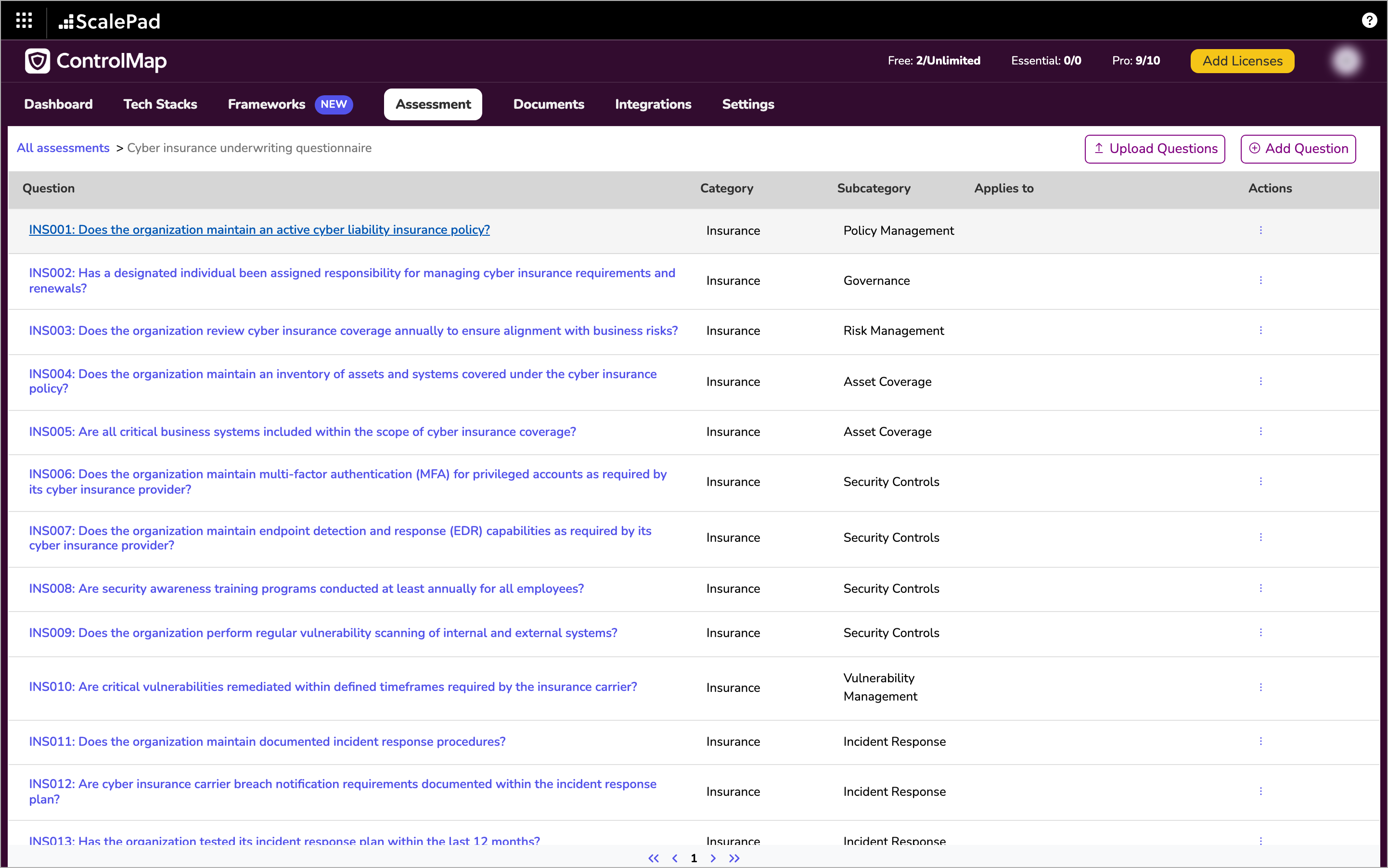 An assessment's questions page with the Question, Category, Subcategory and Applies to columns and the Upload Questions and Add Question buttons
