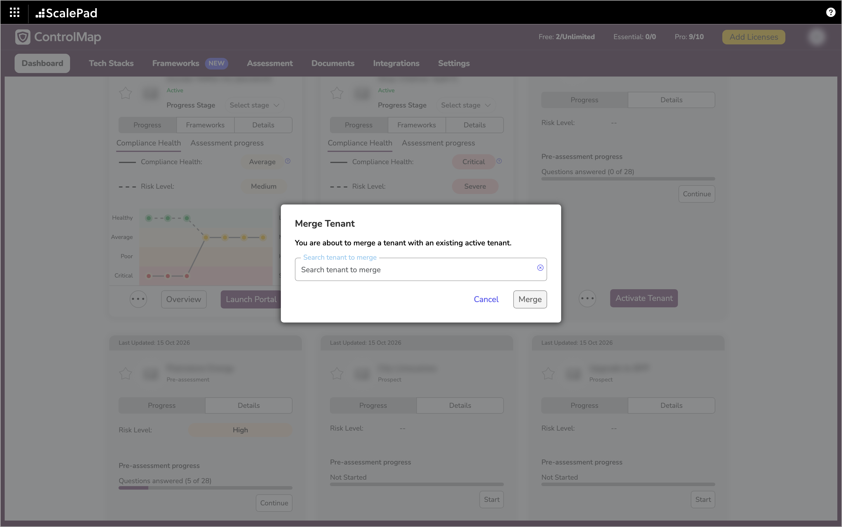 The Merge Tenant dialog over the Dashboard, with the Search tenant to merge field and Cancel and Merge buttons