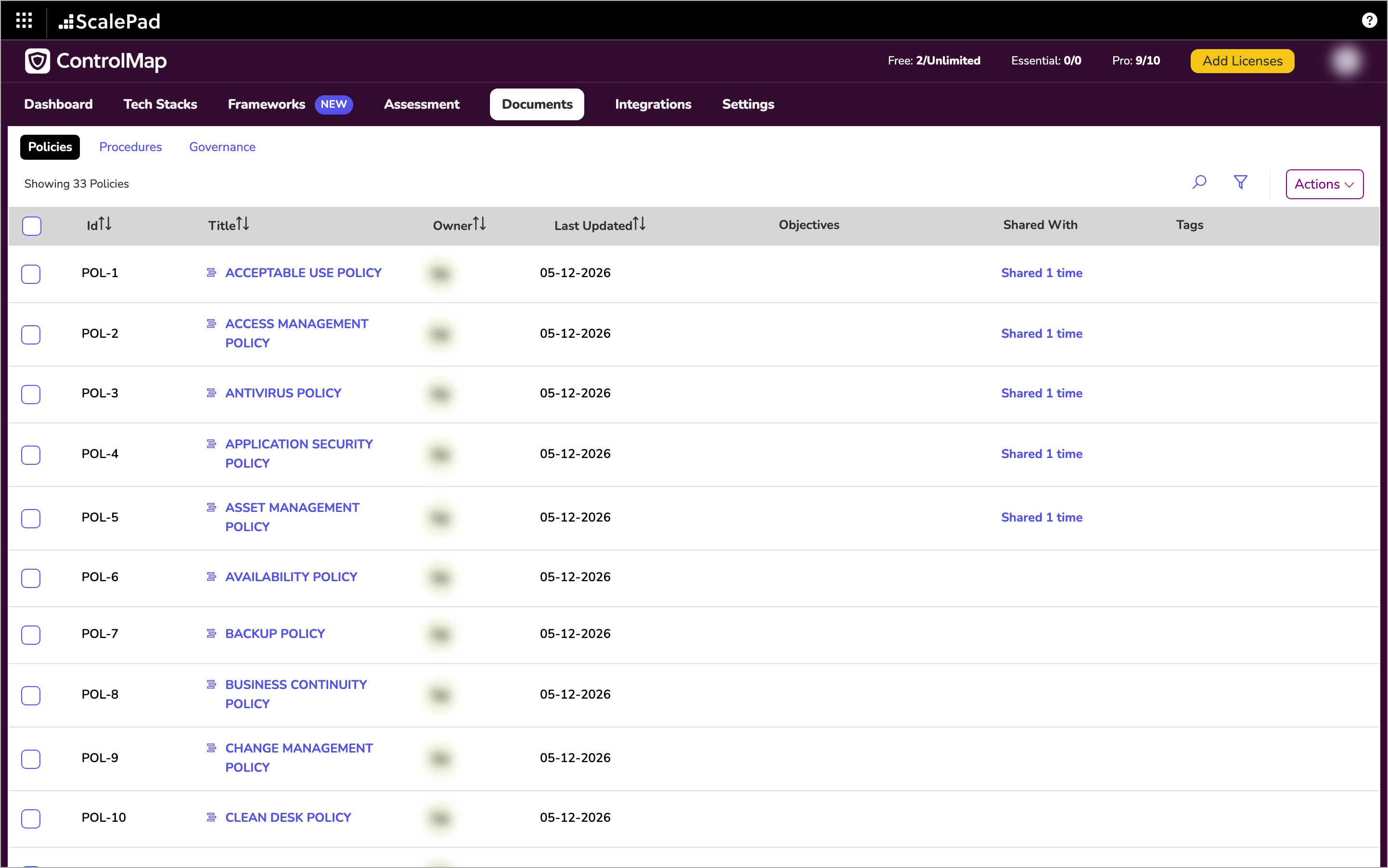 The Policies tab listing policies with their ID, title, owner, last updated date and how many times each was shared