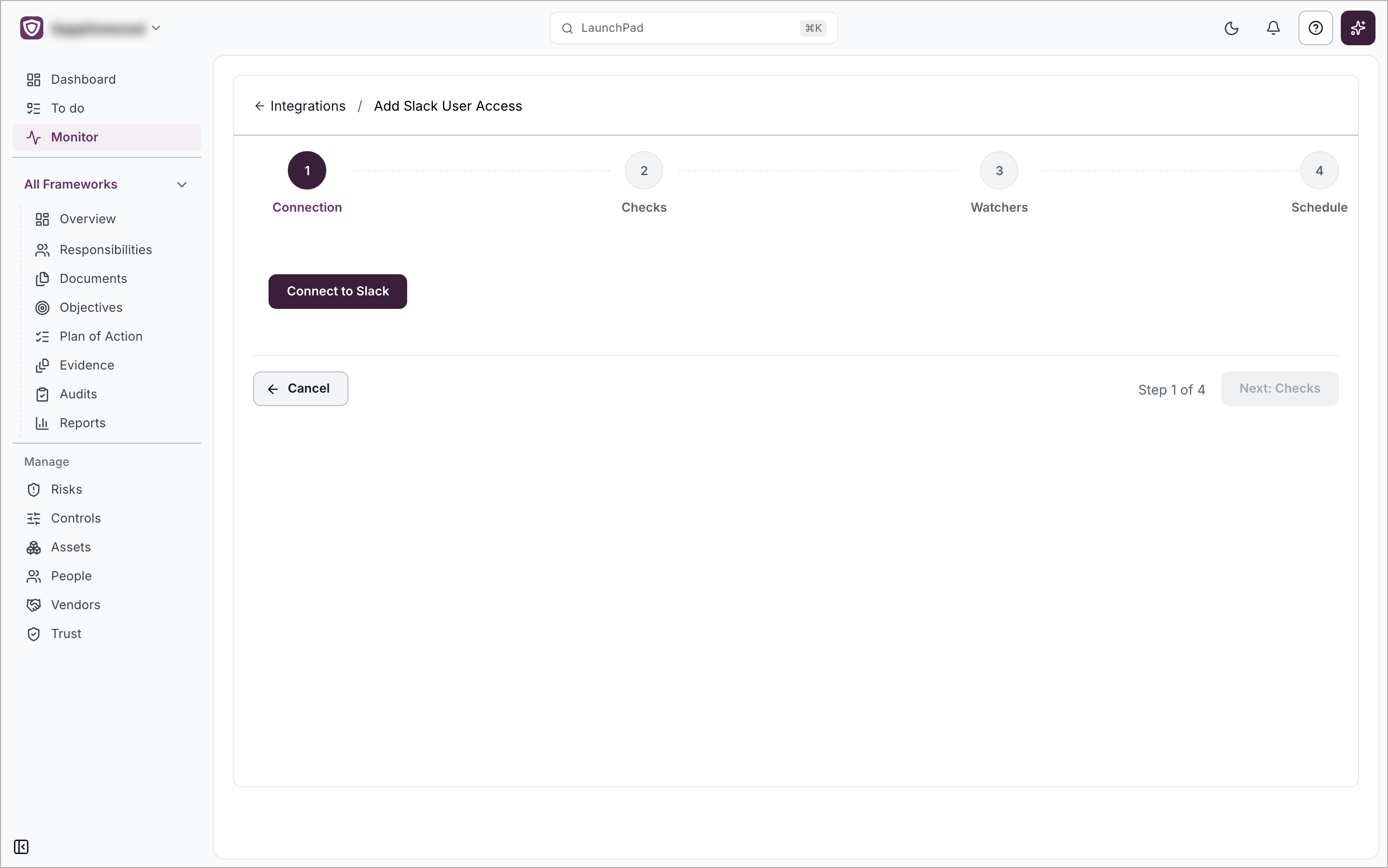 The Add Slack User Access setup page on the Connection step, with the Connect to Slack button and the four steps along the top