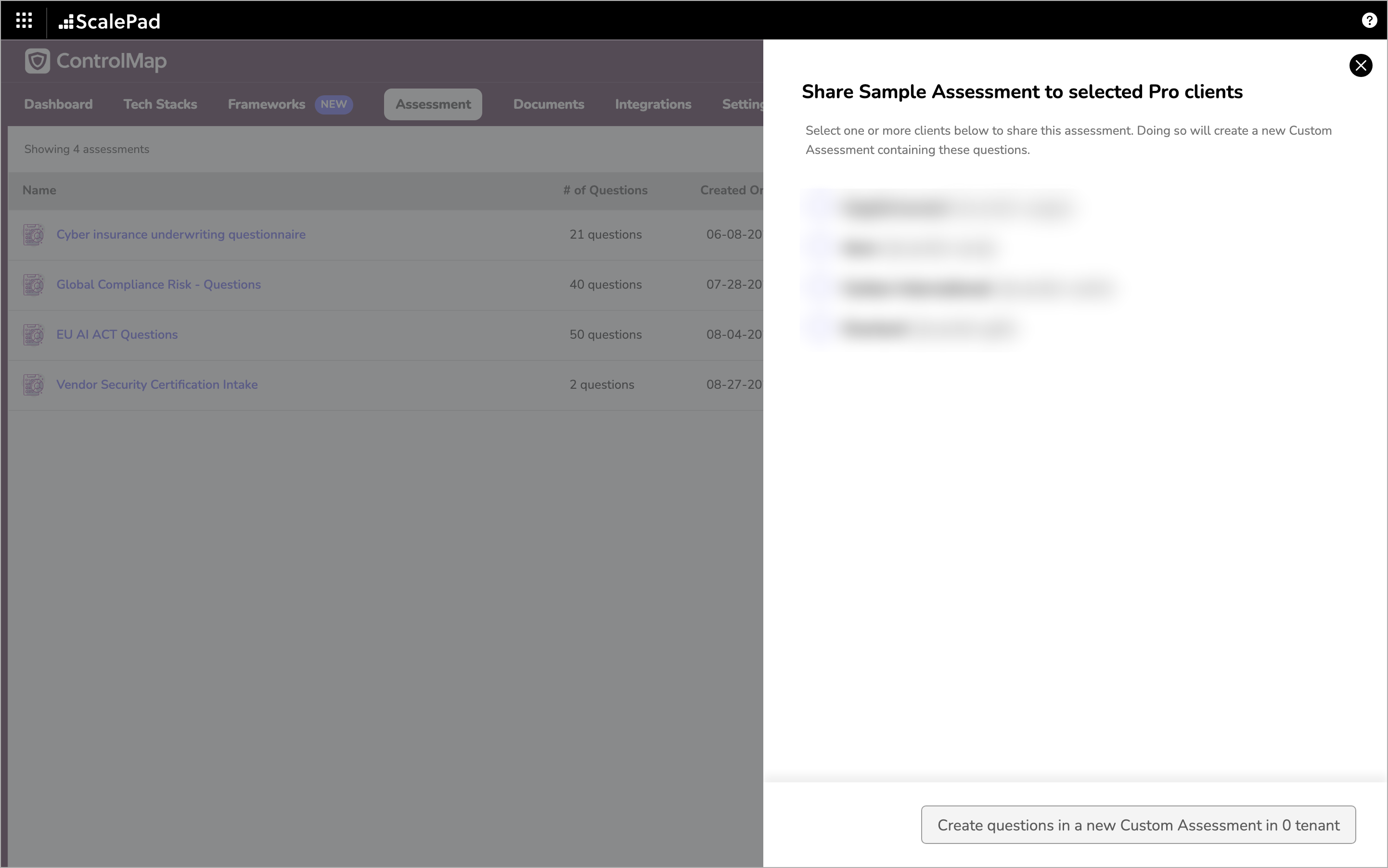 The Share Sample Assessment to selected Pro clients panel listing Pro clients with a button to create questions in a new Custom Assessment